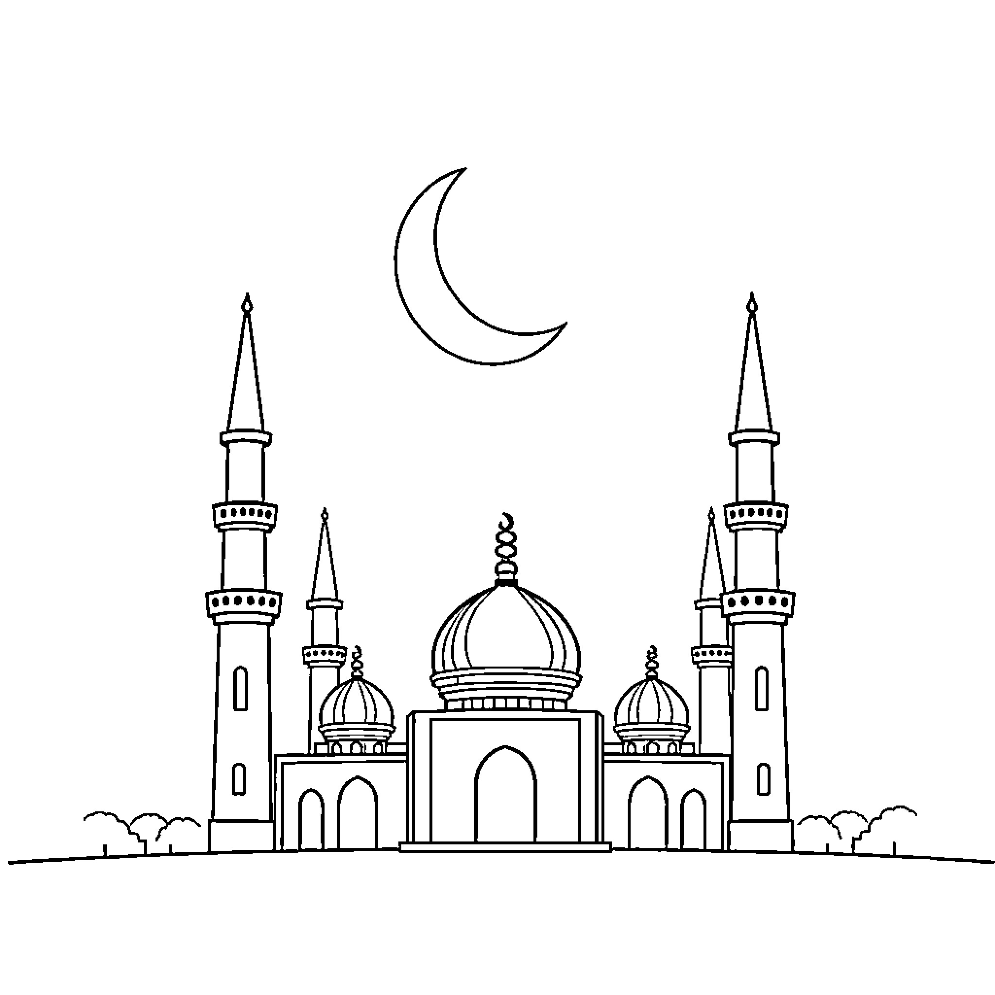 Pillar of Islamic architecture and crescent moon Coloring Page (free black-and-white line drawing printable PDF for all, from beginners to advanced learners, including children, teens, adults, and seniors)