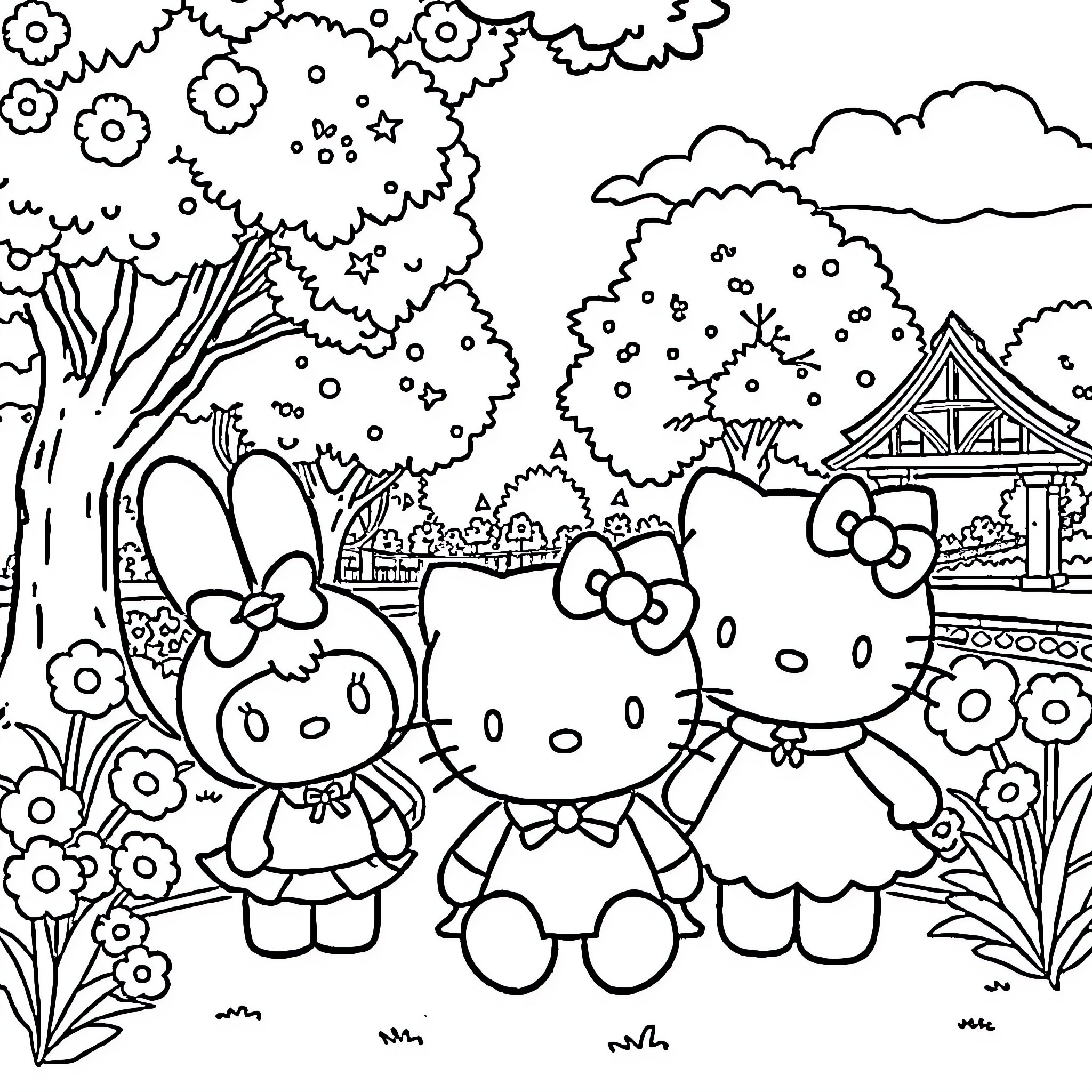 Hello Kitty and Friends Explore the Enchanting Outdoors Coloring Page (free black-and-white line drawing printable PDF for all, from beginners to advanced learners, including children, teens, adults, and seniors)