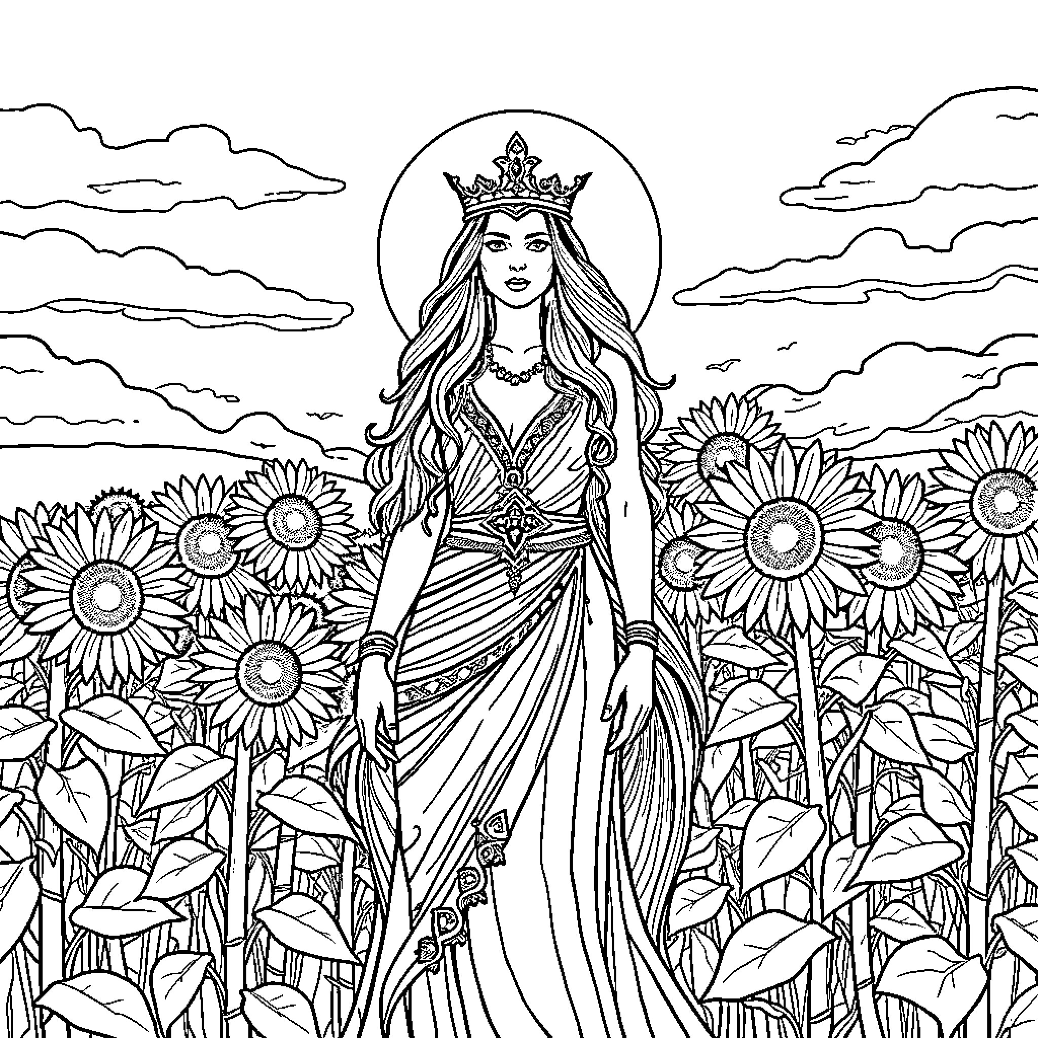 Woman in regal attire amid sunflower field Coloring Page (free black-and-white line drawing printable PDF for all, from beginners to advanced learners, including children, teens, adults, and seniors)