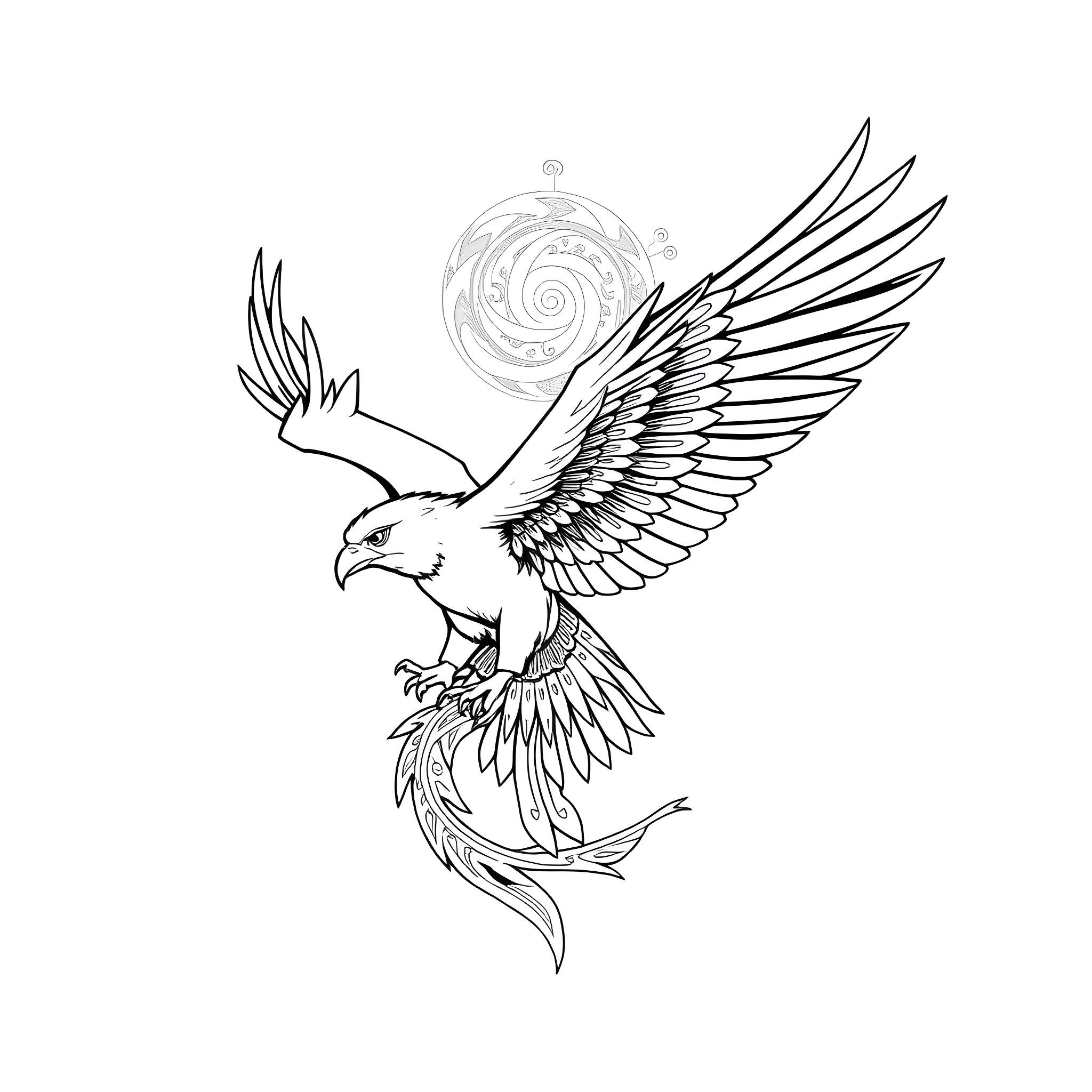 Thunderbird soaring majestically with outstretched wings Coloring Page (free black-and-white line drawing printable PDF for all, from beginners to advanced learners, including children, teens, adults, and seniors)