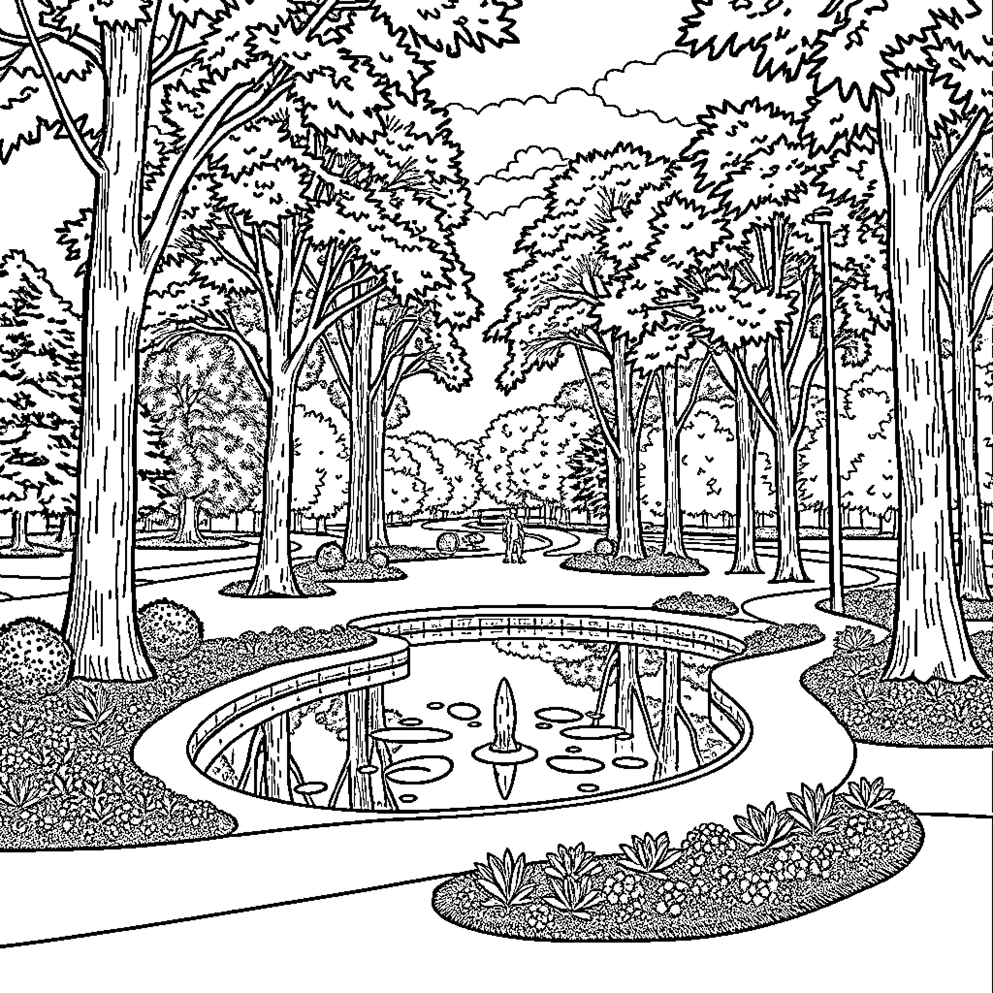 Park scenery with pond and trees Coloring Page (free black-and-white line drawing printable PDF for all, from beginners to advanced learners, including children, teens, adults, and seniors)