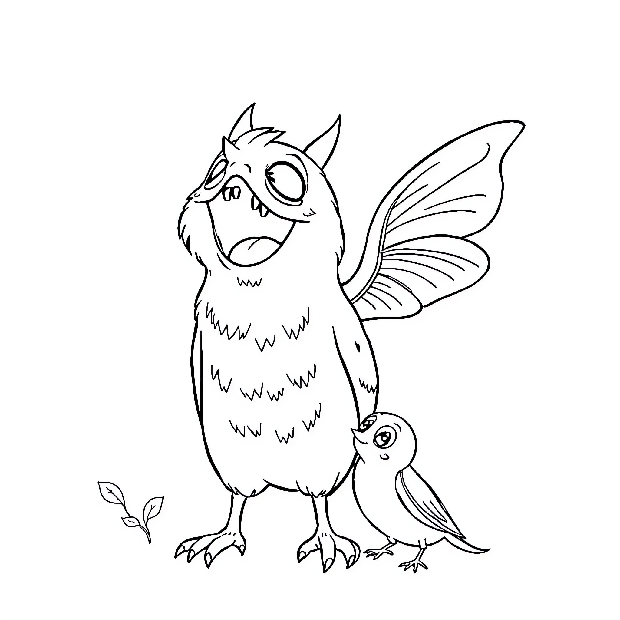 Scream of surprised magical bird and small chick Coloring Page (free black-and-white line drawing printable PDF for all, from beginners to advanced learners, including children, teens, adults, and seniors)