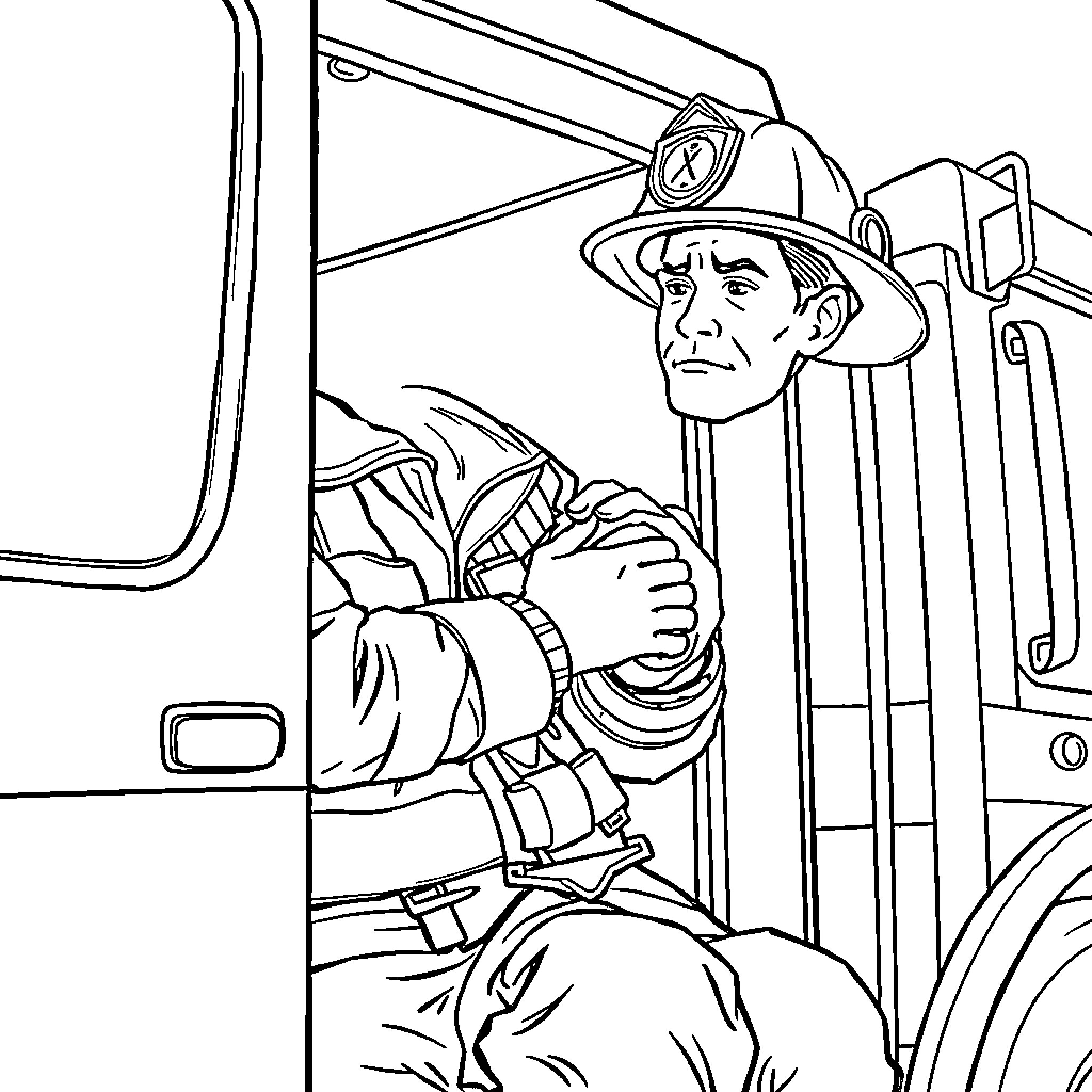 Firefighter responding to an emergency call Coloring Page (free black-and-white line drawing printable PDF for all, from beginners to advanced learners, including children, teens, adults, and seniors)