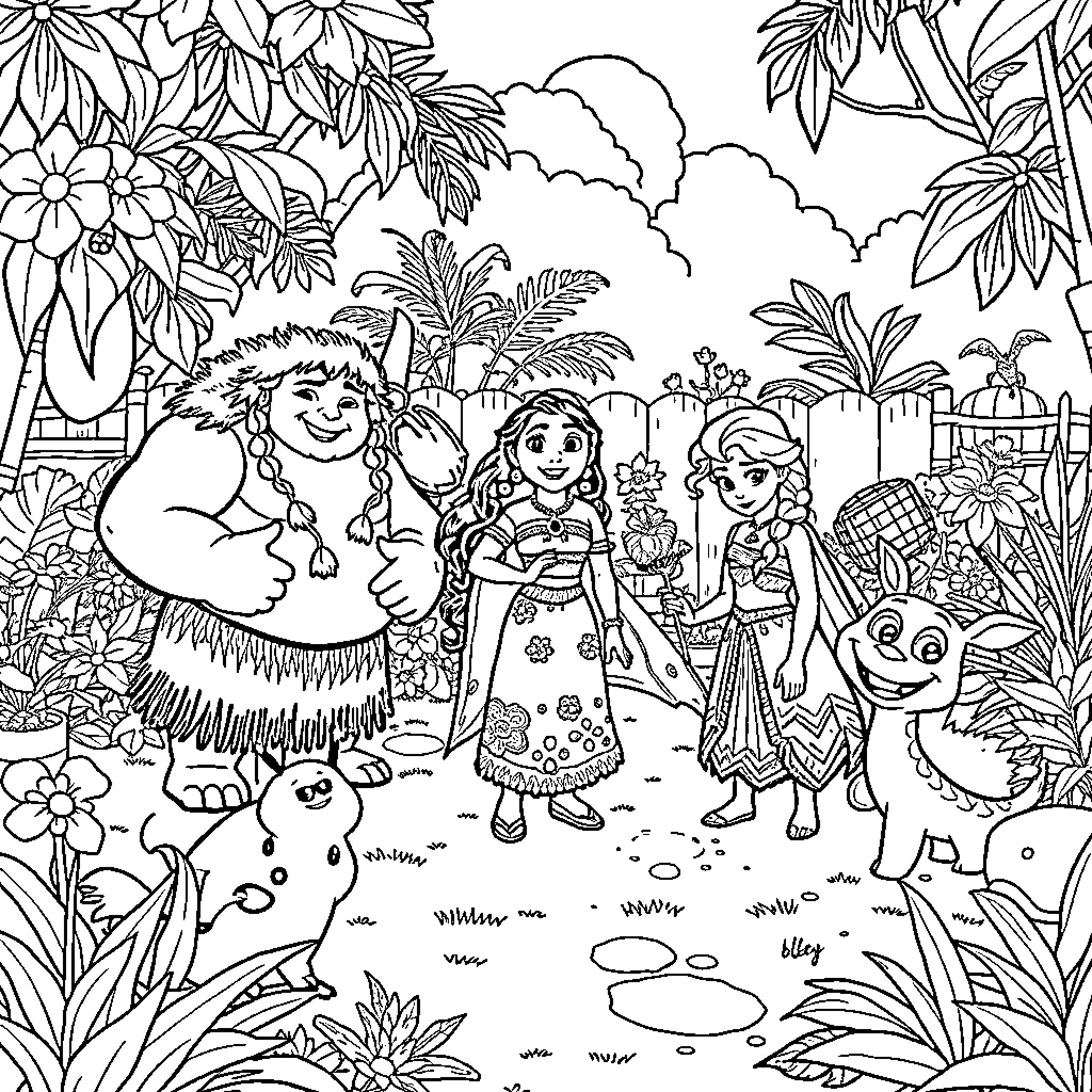 Moana and her friends explore the tropical island Coloring Page (free black-and-white line drawing printable PDF for all, from beginners to advanced learners, including children, teens, adults, and seniors)