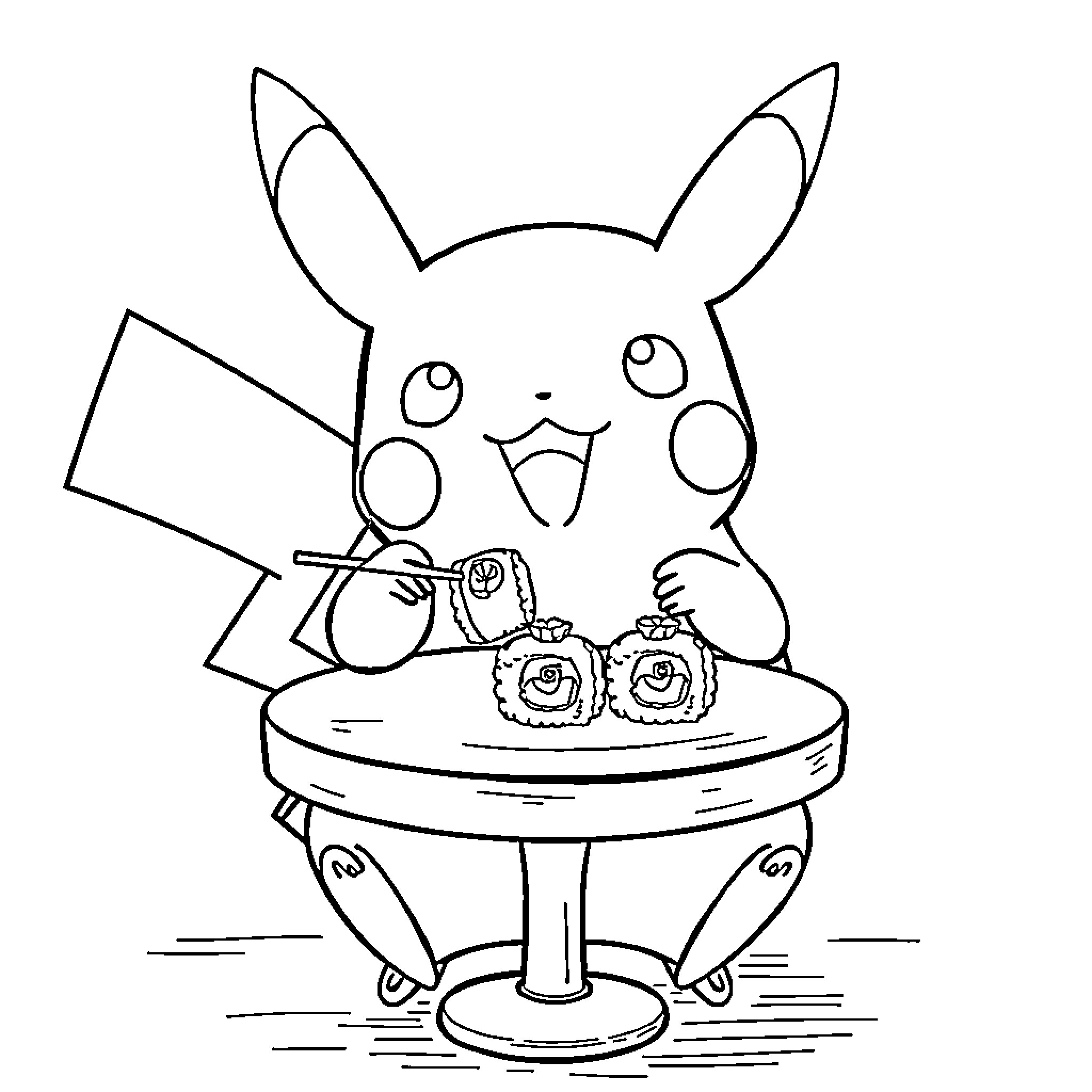 Pikachu enjoying sushi at the table Coloring Page (free black-and-white line drawing printable PDF for all, from beginners to advanced learners, including children, teens, adults, and seniors)
