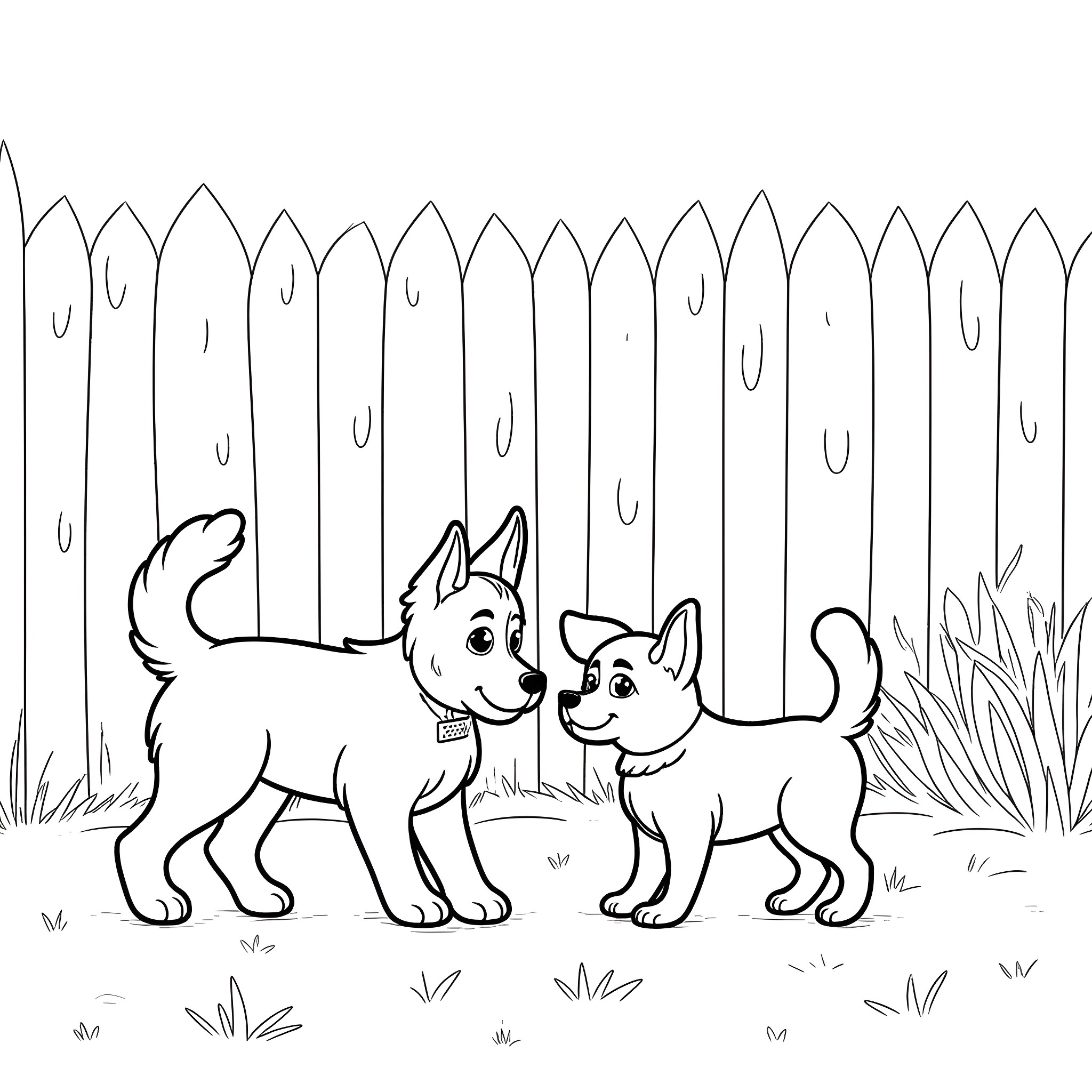Bluey playing with a friend at the fence Coloring Page (free black-and-white line drawing printable PDF for all, from beginners to advanced learners, including children, teens, adults, and seniors)