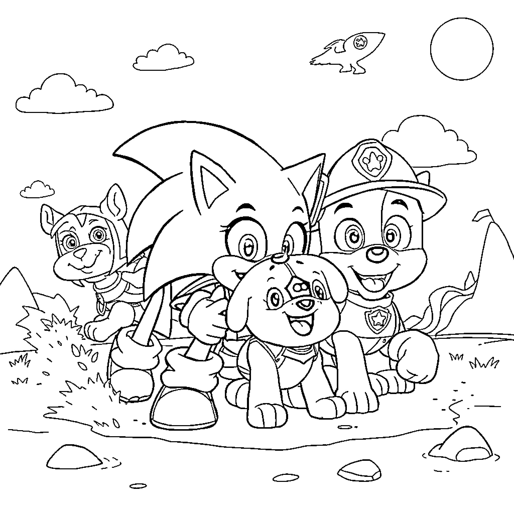 Sonic characters on an adventure in the outdoors Coloring Page (free black-and-white line drawing printable PDF for all, from beginners to advanced learners, including children, teens, adults, and seniors)