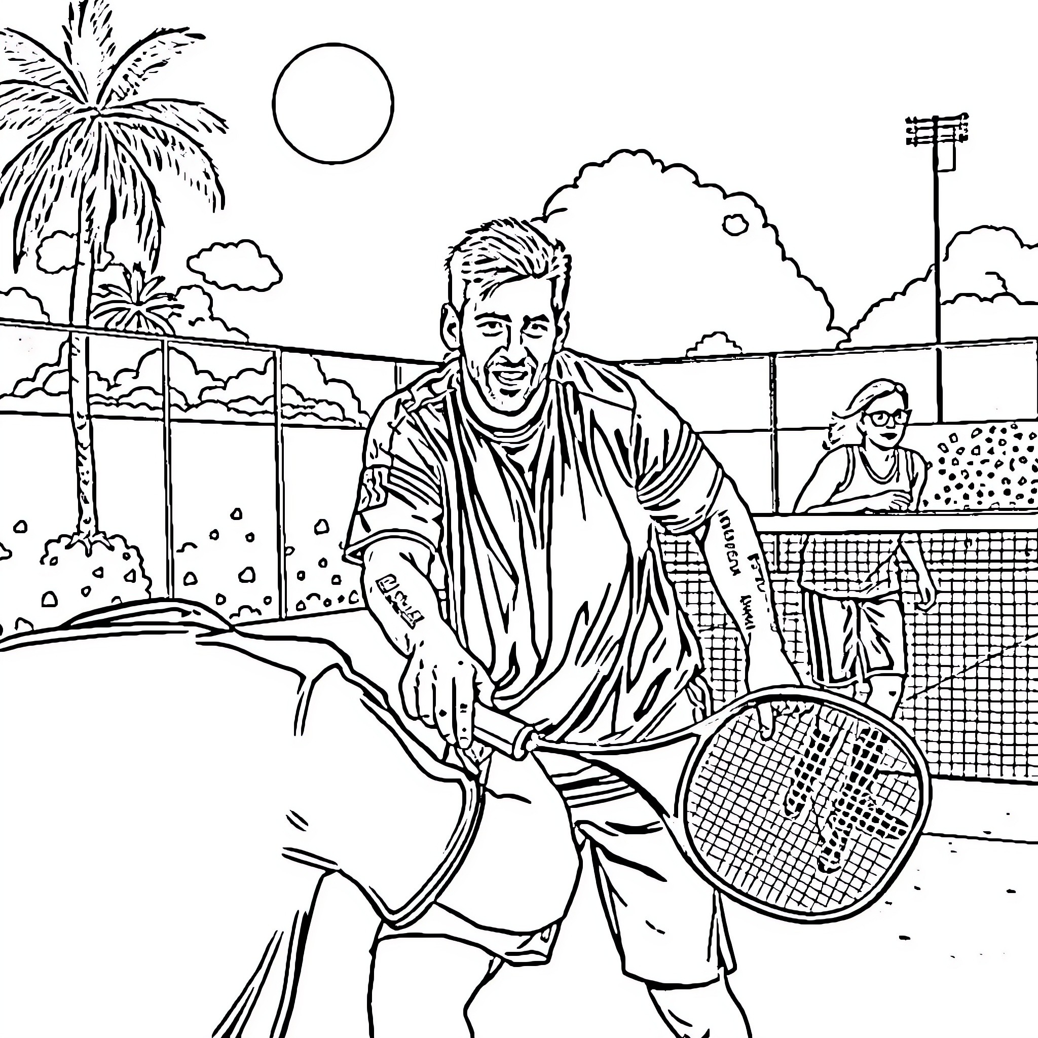 Lionel Messi playing tennis on a sunny day Coloring Page (free black-and-white line drawing printable PDF for all, from beginners to advanced learners, including children, teens, adults, and seniors)