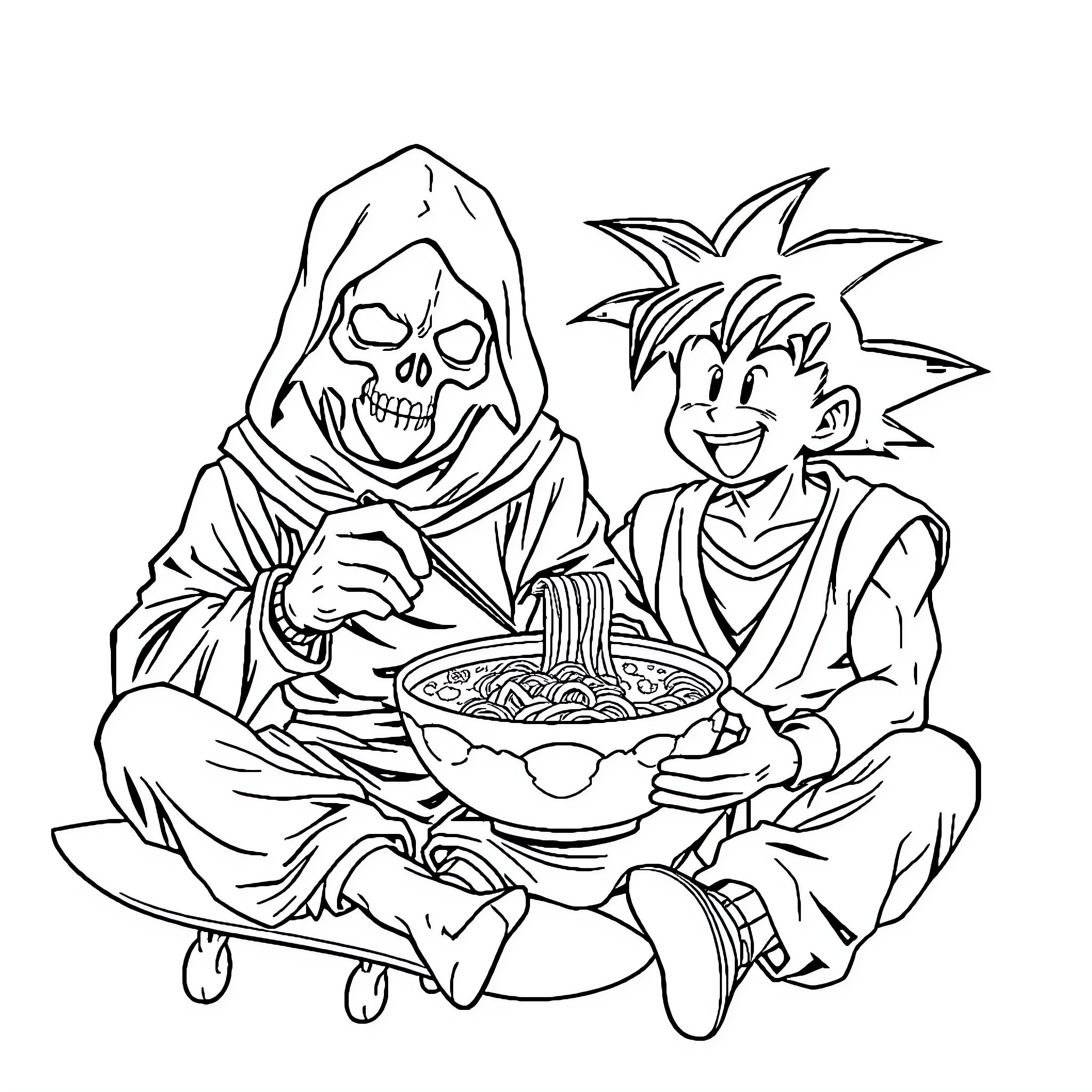 Grim Reaper Sharing Meal with Playful Character Coloring Page (free black-and-white line drawing printable PDF for all, from beginners to advanced learners, including children, teens, adults, and seniors)