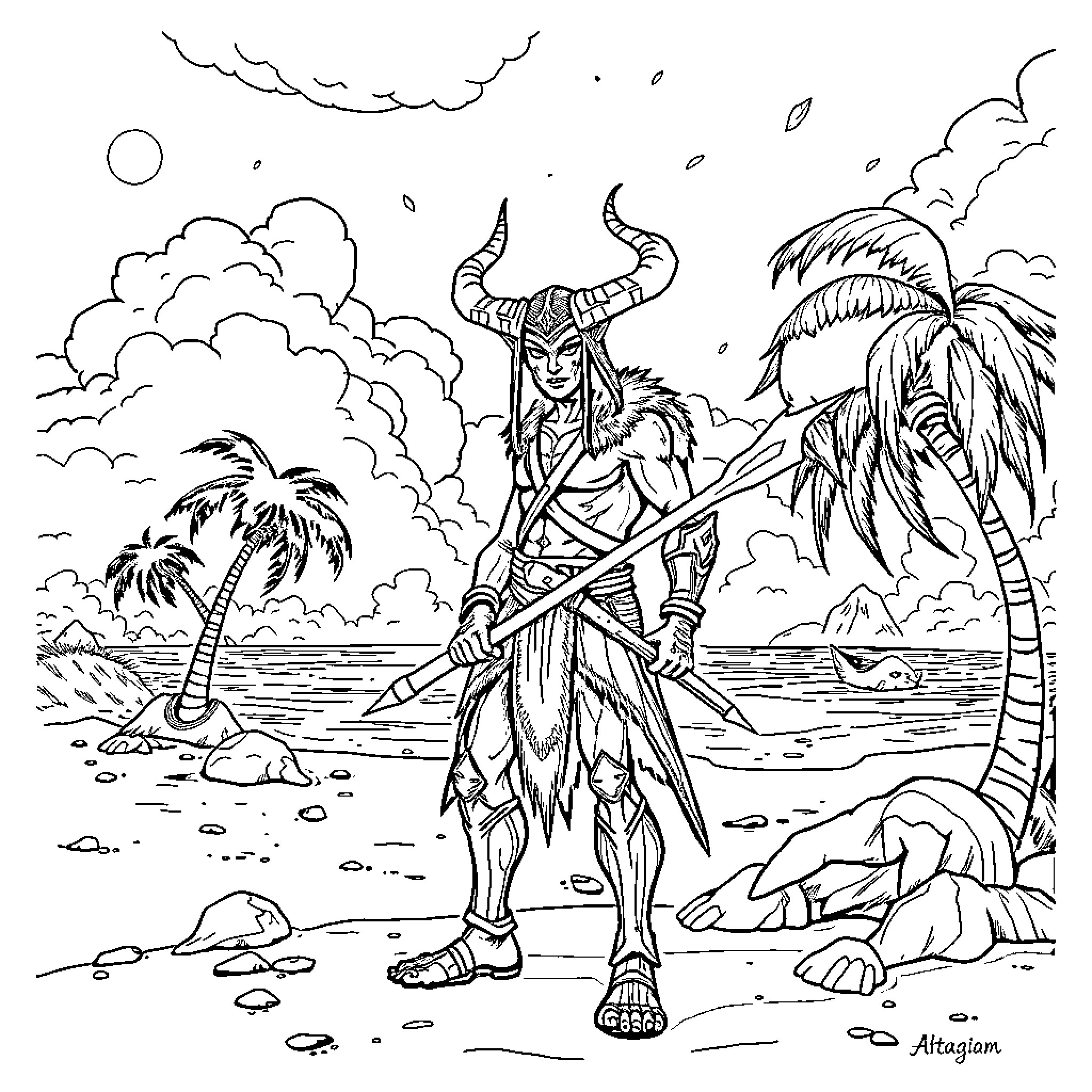 Demon Hunter battles in a tropical paradise Coloring Page (free black-and-white line drawing printable PDF for all, from beginners to advanced learners, including children, teens, adults, and seniors)