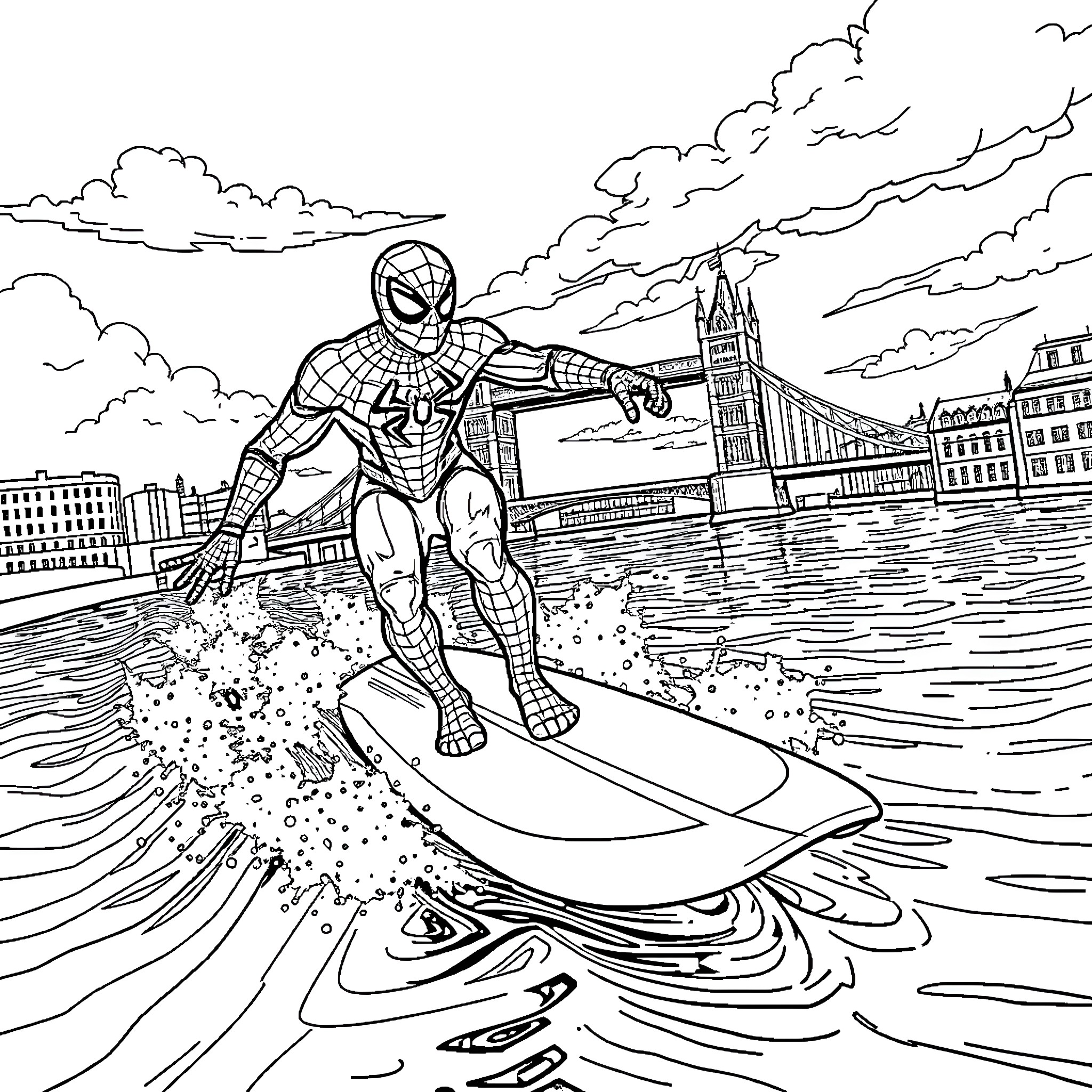Spiderman surfing across a city skyline Coloring Page (free black-and-white line drawing printable PDF for all, from beginners to advanced learners, including children, teens, adults, and seniors)