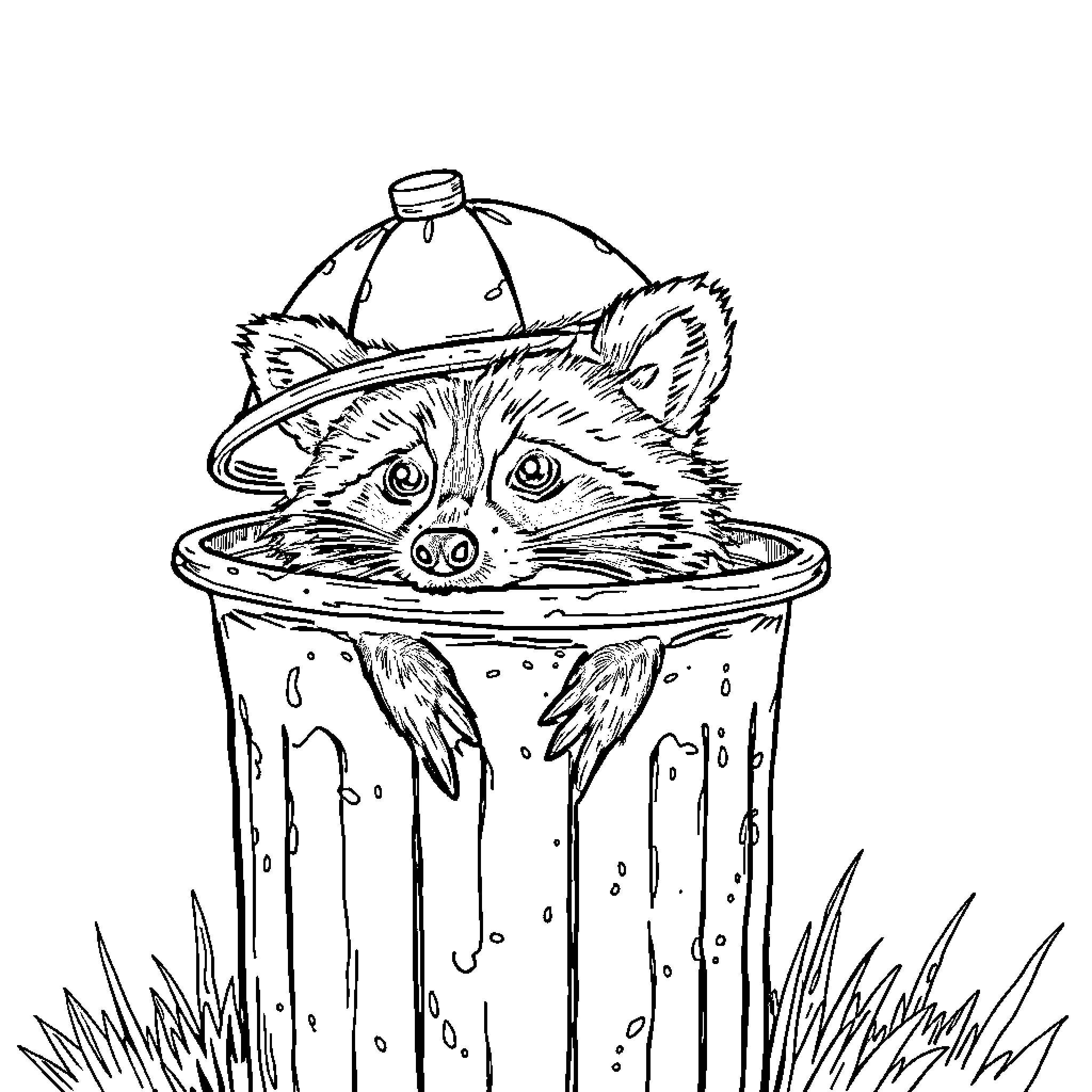 Raccoon peeking from a trash can Coloring Page (free black-and-white line drawing printable PDF for all, from beginners to advanced learners, including children, teens, adults, and seniors)