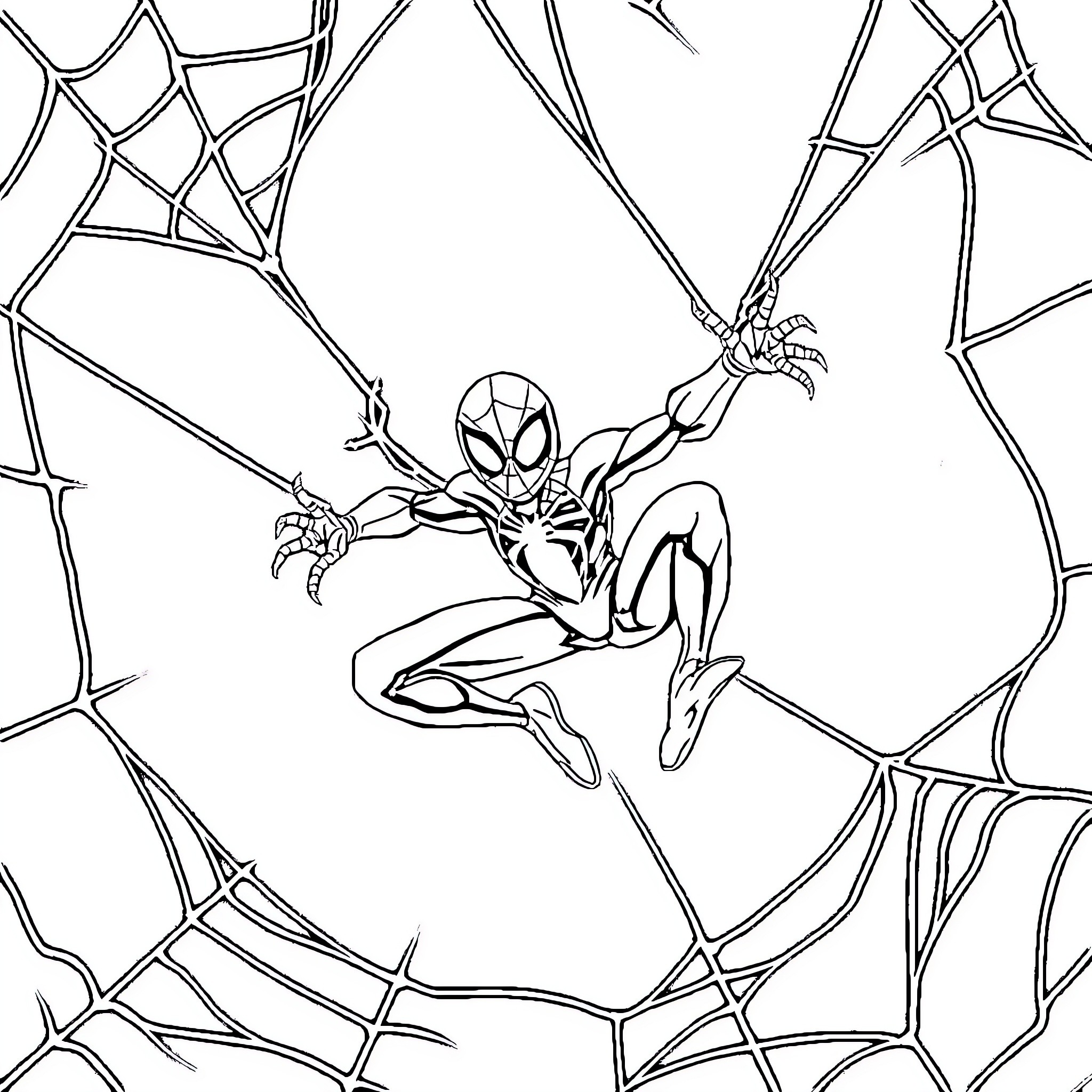 Ghost Spider swinging through intricate web Coloring Page (free black-and-white line drawing printable PDF for all, from beginners to advanced learners, including children, teens, adults, and seniors)