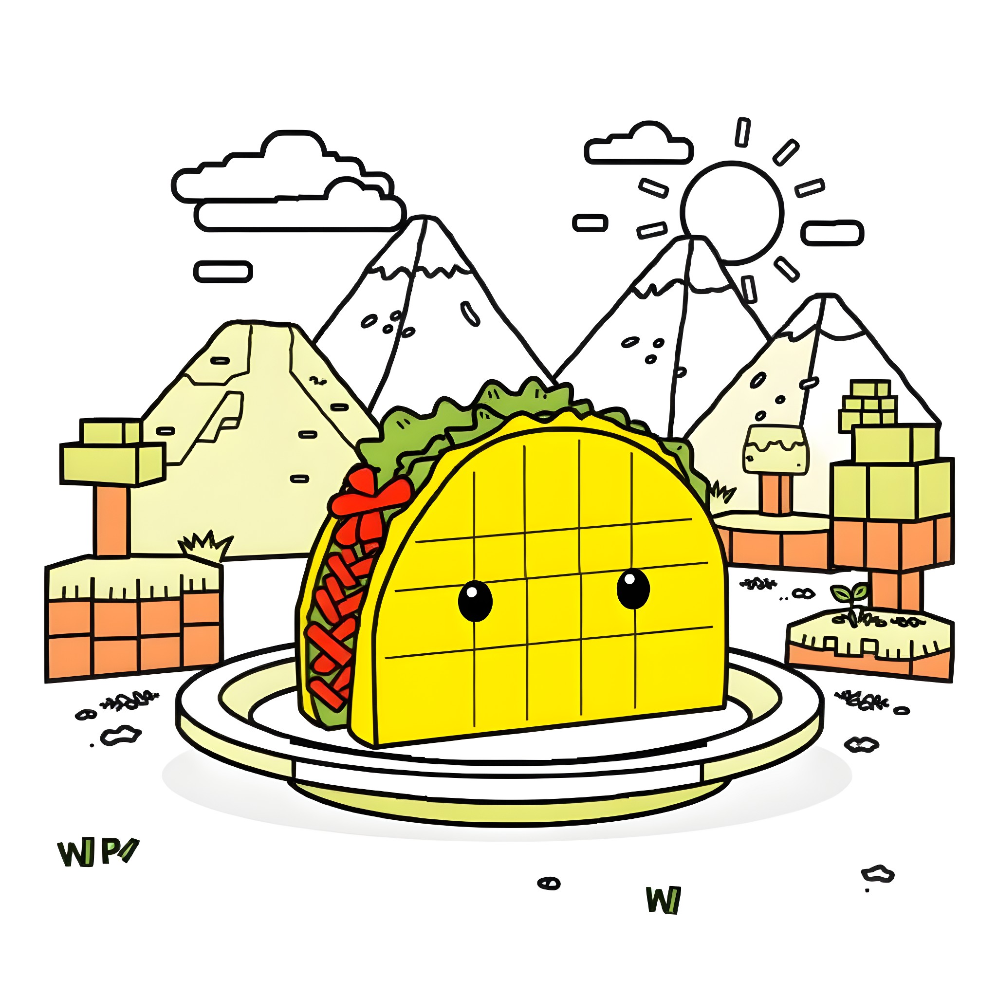 Minecraft Taco playing in a Pixelated Landscape Coloring Page (free black-and-white line drawing printable PDF for all, from beginners to advanced learners, including children, teens, adults, and seniors)