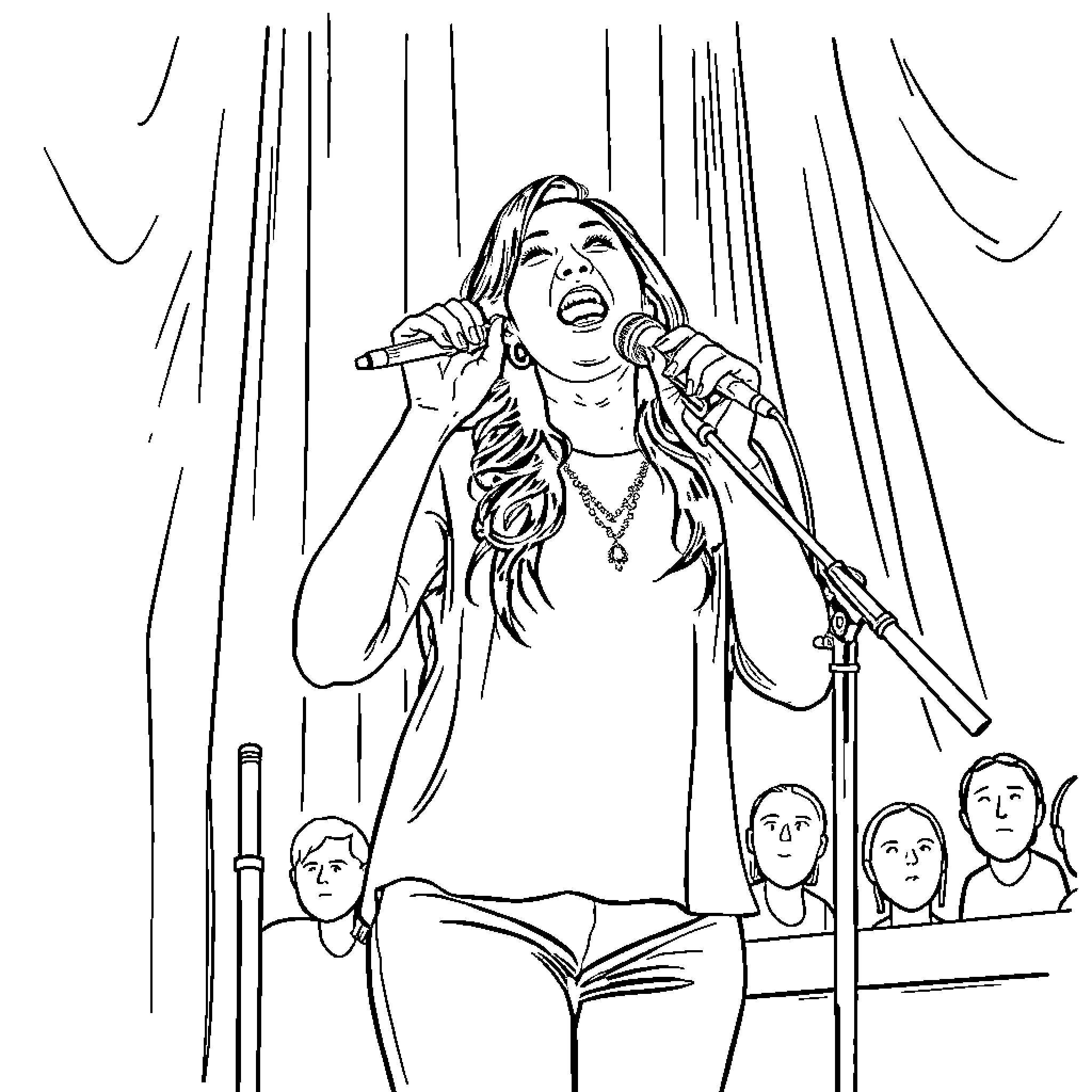 Amy Lee performing on stage with passion Coloring Page (free black-and-white line drawing printable PDF for all, from beginners to advanced learners, including children, teens, adults, and seniors)