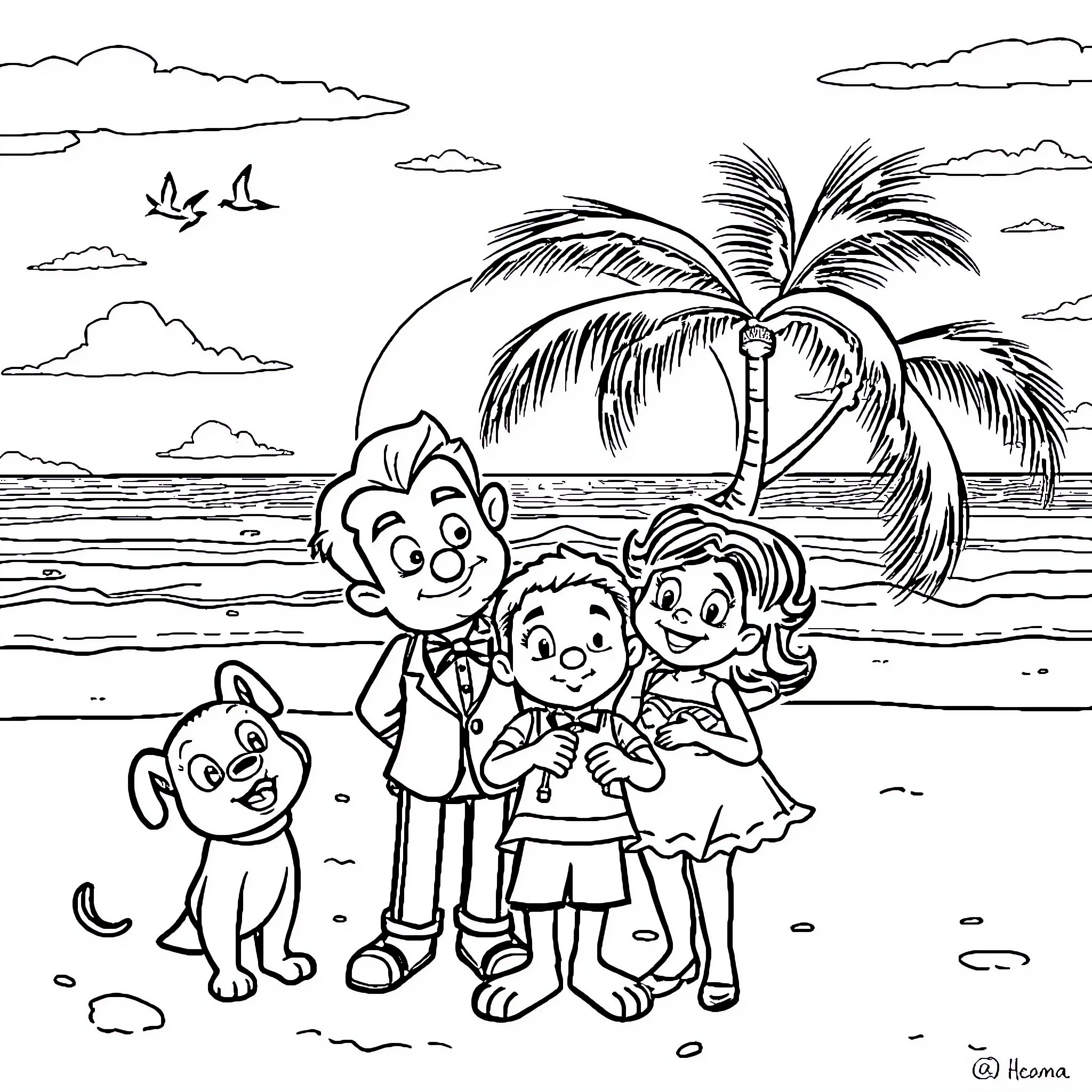 Lincoln's Family Vacation at the Beach Coloring Page (free black-and-white line drawing printable PDF for all, from beginners to advanced learners, including children, teens, adults, and seniors)