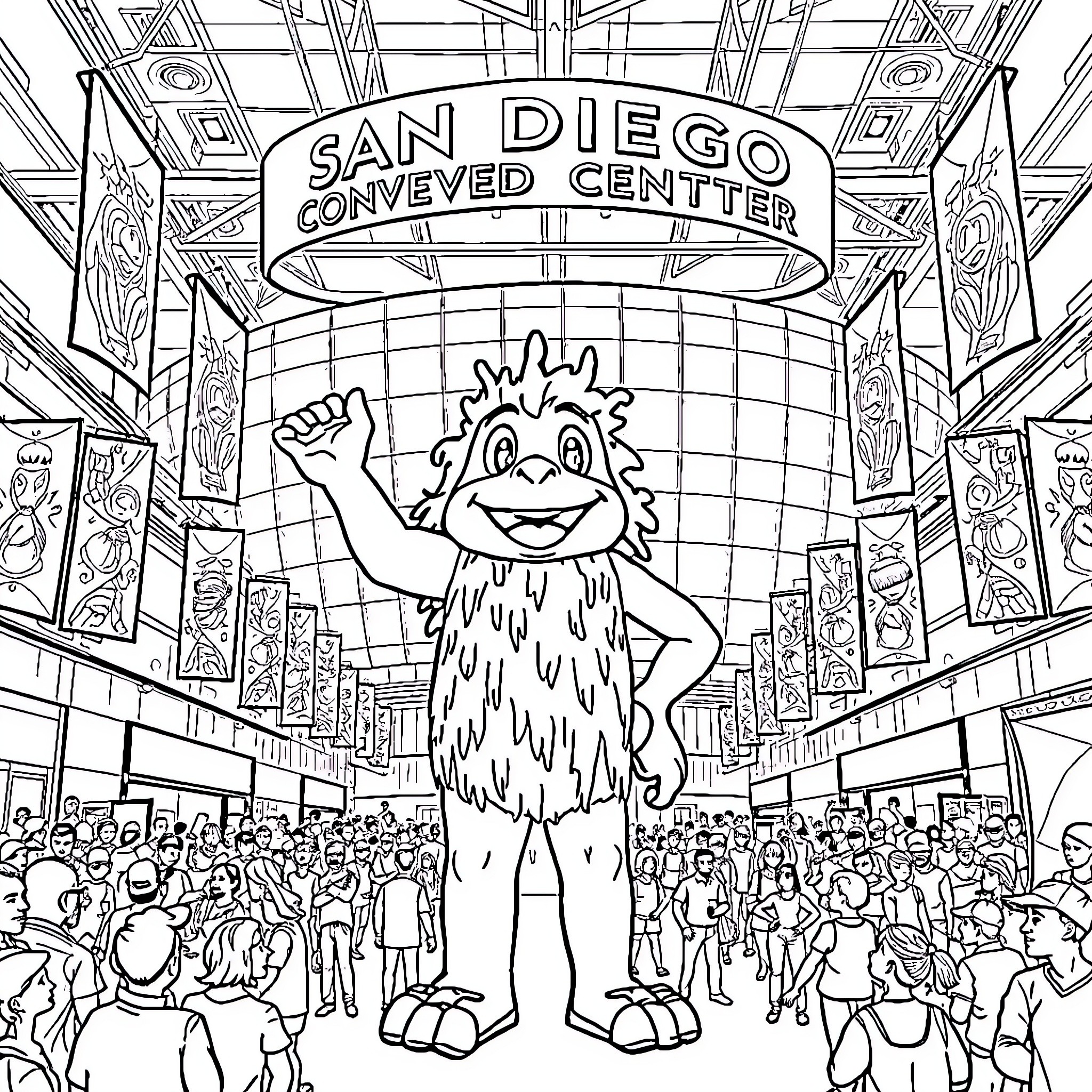 Labubu's Friendly Greeting at the San Diego Conveyed Center Coloring Page (free black-and-white line drawing printable PDF for all, from beginners to advanced learners, including children, teens, adults, and seniors)