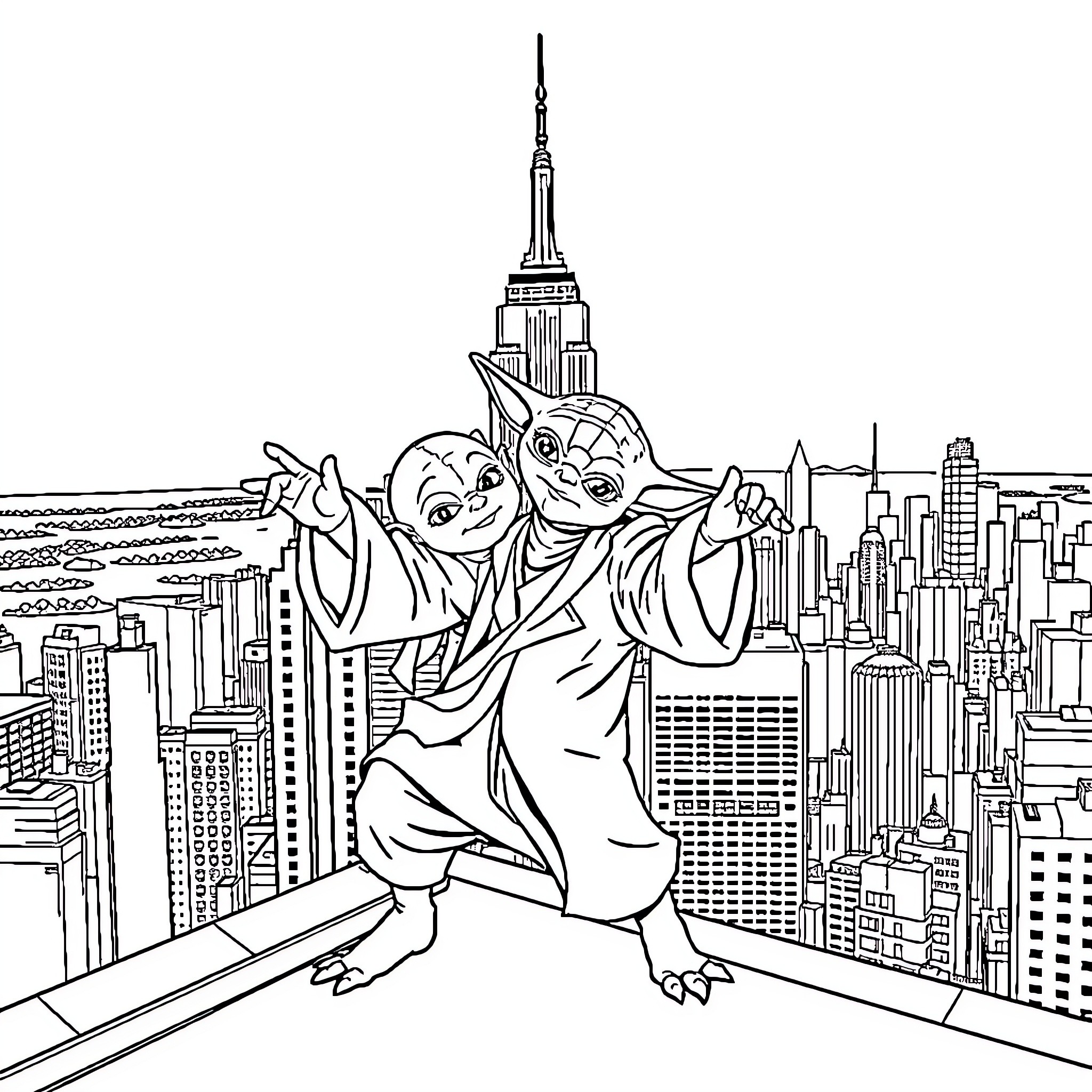 Yoda characters playing on top of the city skyline Coloring Page (free black-and-white line drawing printable PDF for all, from beginners to advanced learners, including children, teens, adults, and seniors)