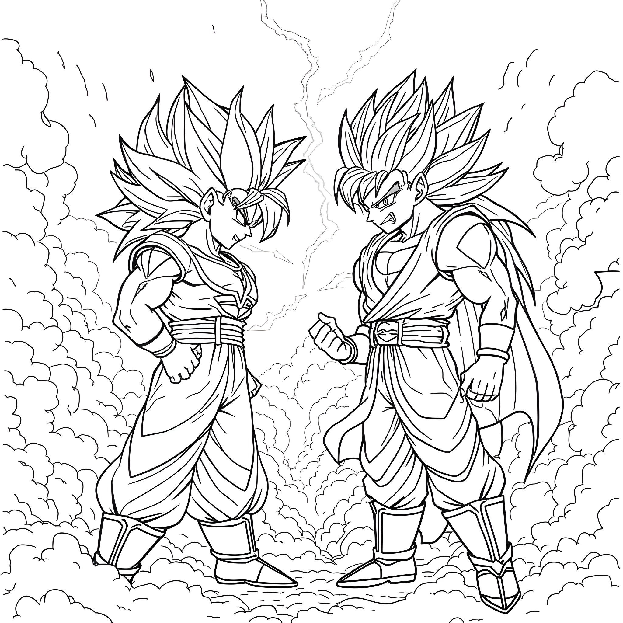 Gogeta - Two warriors in fierce battle stance Coloring Page (free black-and-white line drawing printable PDF for all, from beginners to advanced learners, including children, teens, adults, and seniors)