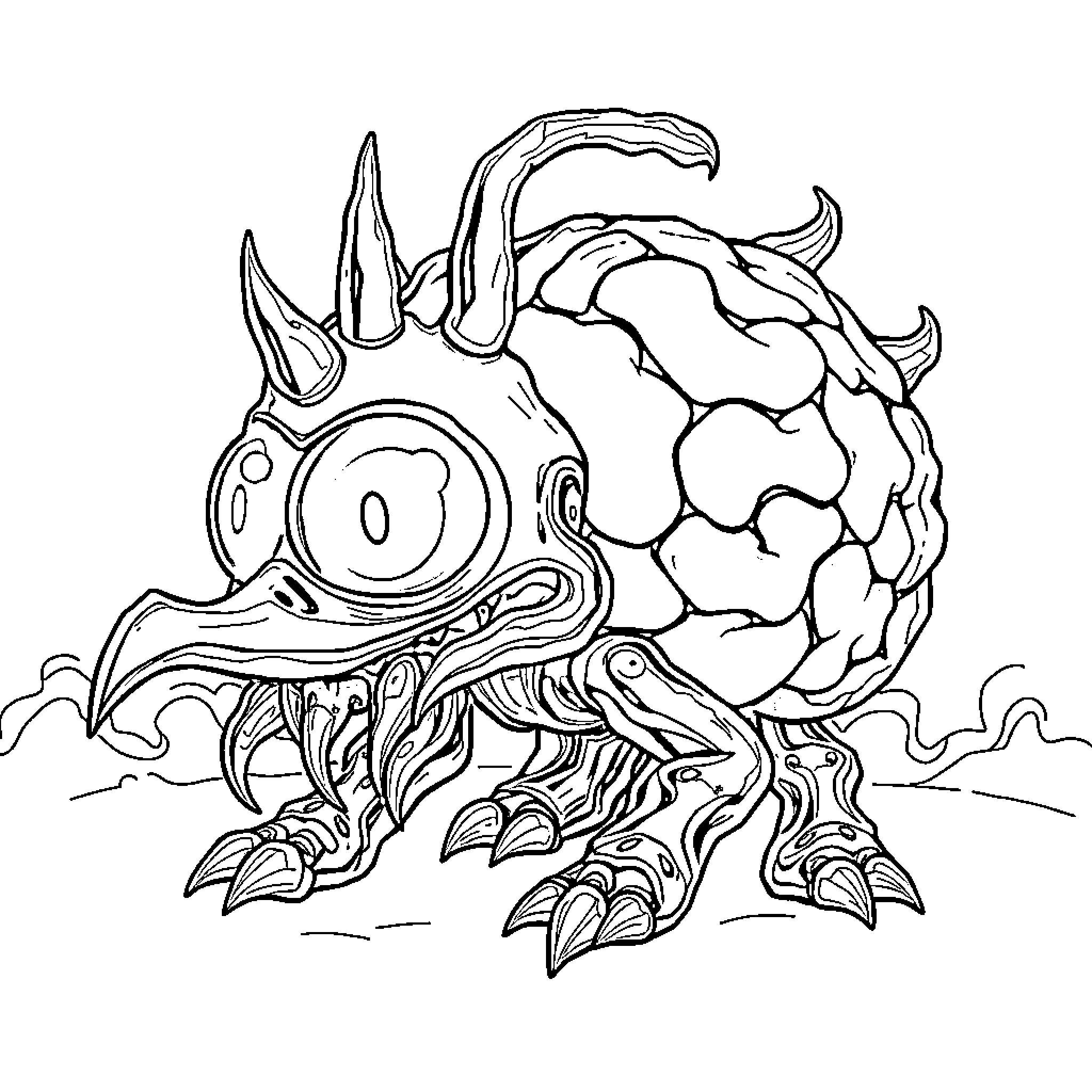 Orcalerito - Ferocious monster with horns and claws Coloring Page (free black-and-white line drawing printable PDF for all, from beginners to advanced learners, including children, teens, adults, and seniors)