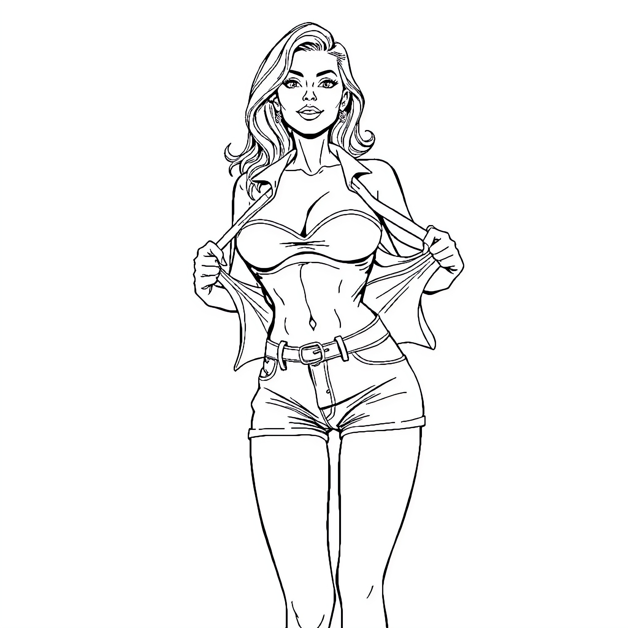 Lady in Confident Pose with Stylish Outfit Coloring Page (free black-and-white line drawing printable PDF for all, from beginners to advanced learners, including children, teens, adults, and seniors)