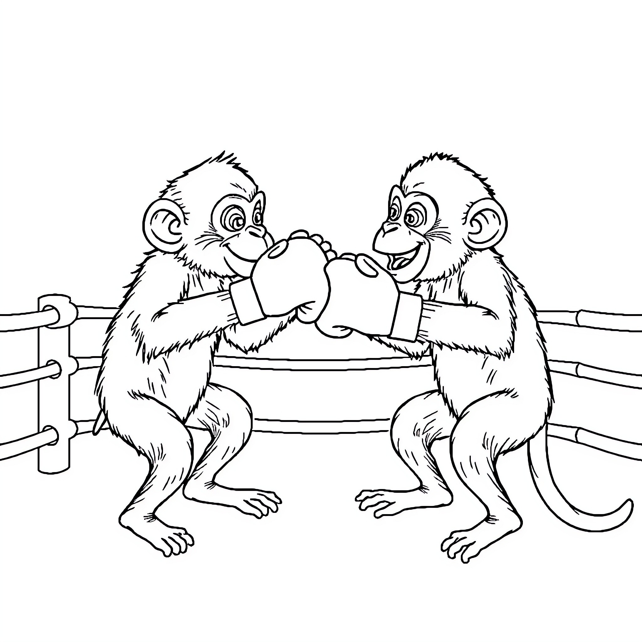 Monkeys boxing in the ring Coloring Page (free black-and-white line drawing printable PDF for all, from beginners to advanced learners, including children, teens, adults, and seniors)