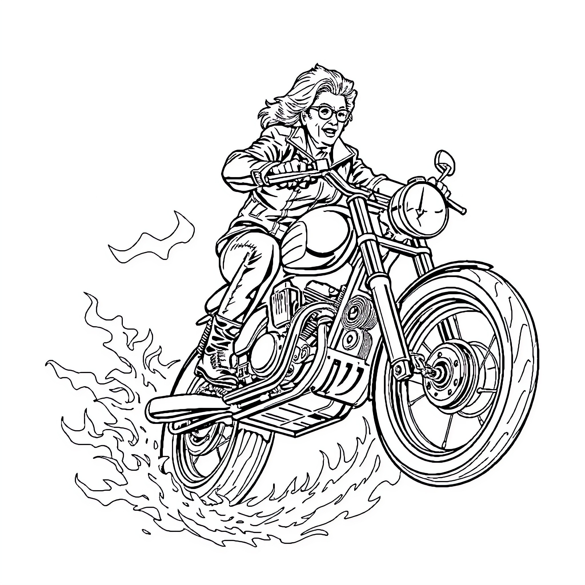 Grandmother riding a fierce motorcycle Coloring Page (free black-and-white line drawing printable PDF for all, from beginners to advanced learners, including children, teens, adults, and seniors)