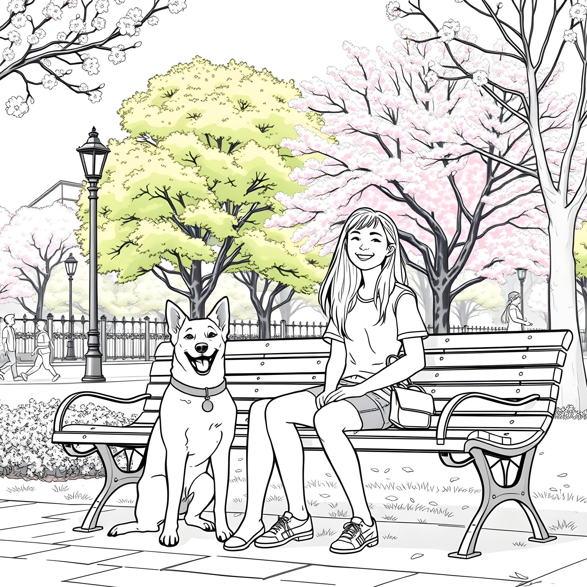 Teen Girl Relaxing with Her Dog in a Serene Park Coloring Page (free black-and-white line drawing printable PDF for all, from beginners to advanced learners, including children, teens, adults, and seniors)