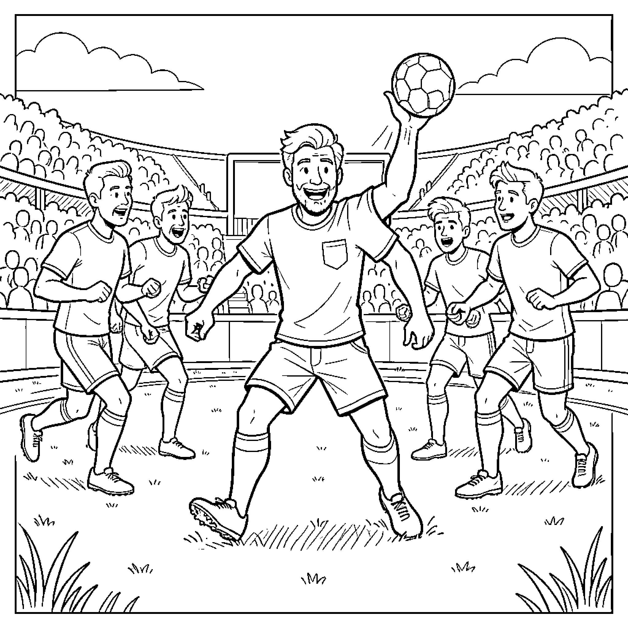 Barman playing soccer with friends in a crowded stadium Coloring Page (free black-and-white line drawing printable PDF for all, from beginners to advanced learners, including children, teens, adults, and seniors)