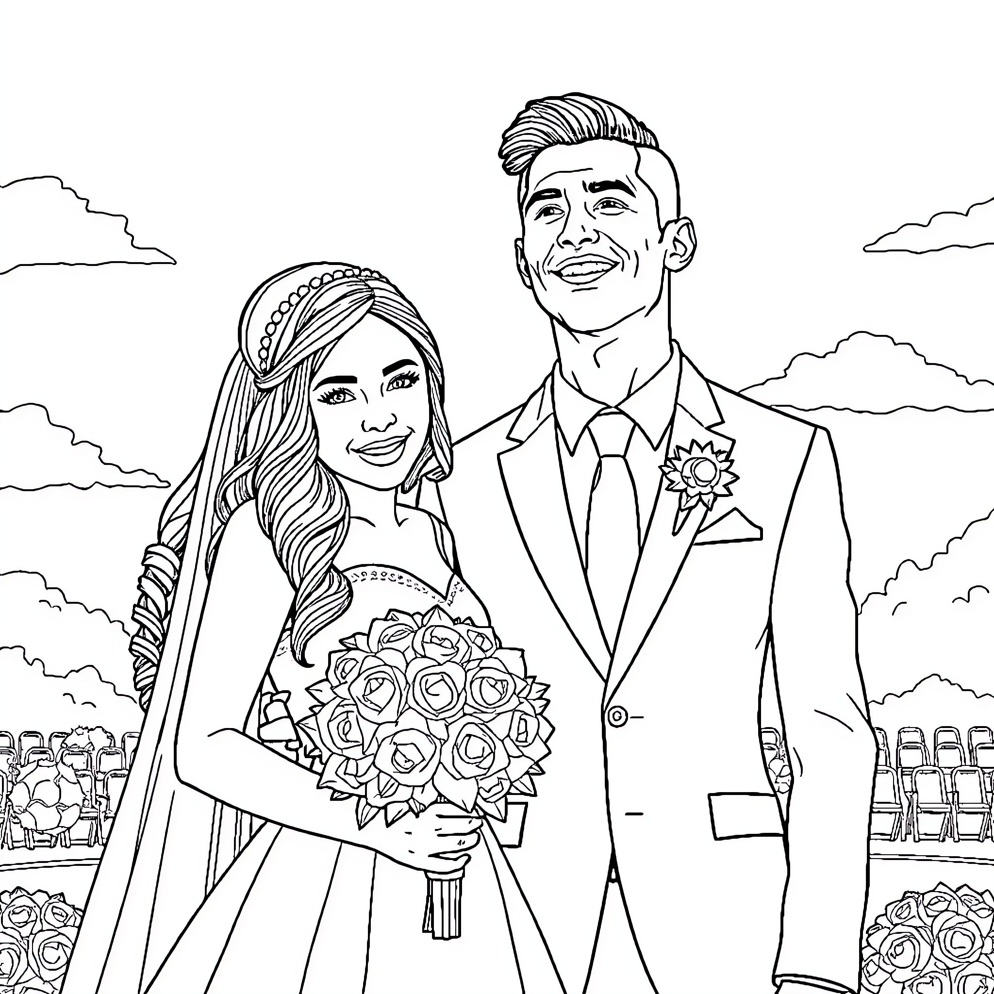 Messi's Lavish Wedding Celebration Coloring Page (free black-and-white line drawing printable PDF for all, from beginners to advanced learners, including children, teens, adults, and seniors)