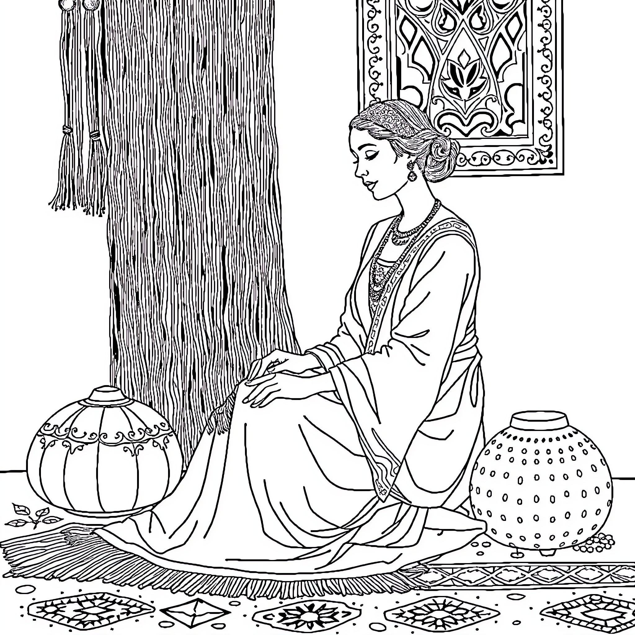 Woman in traditional ethnic clothing sitting on the floor Coloring Page (free black-and-white line drawing printable PDF for all, from beginners to advanced learners, including children, teens, adults, and seniors)