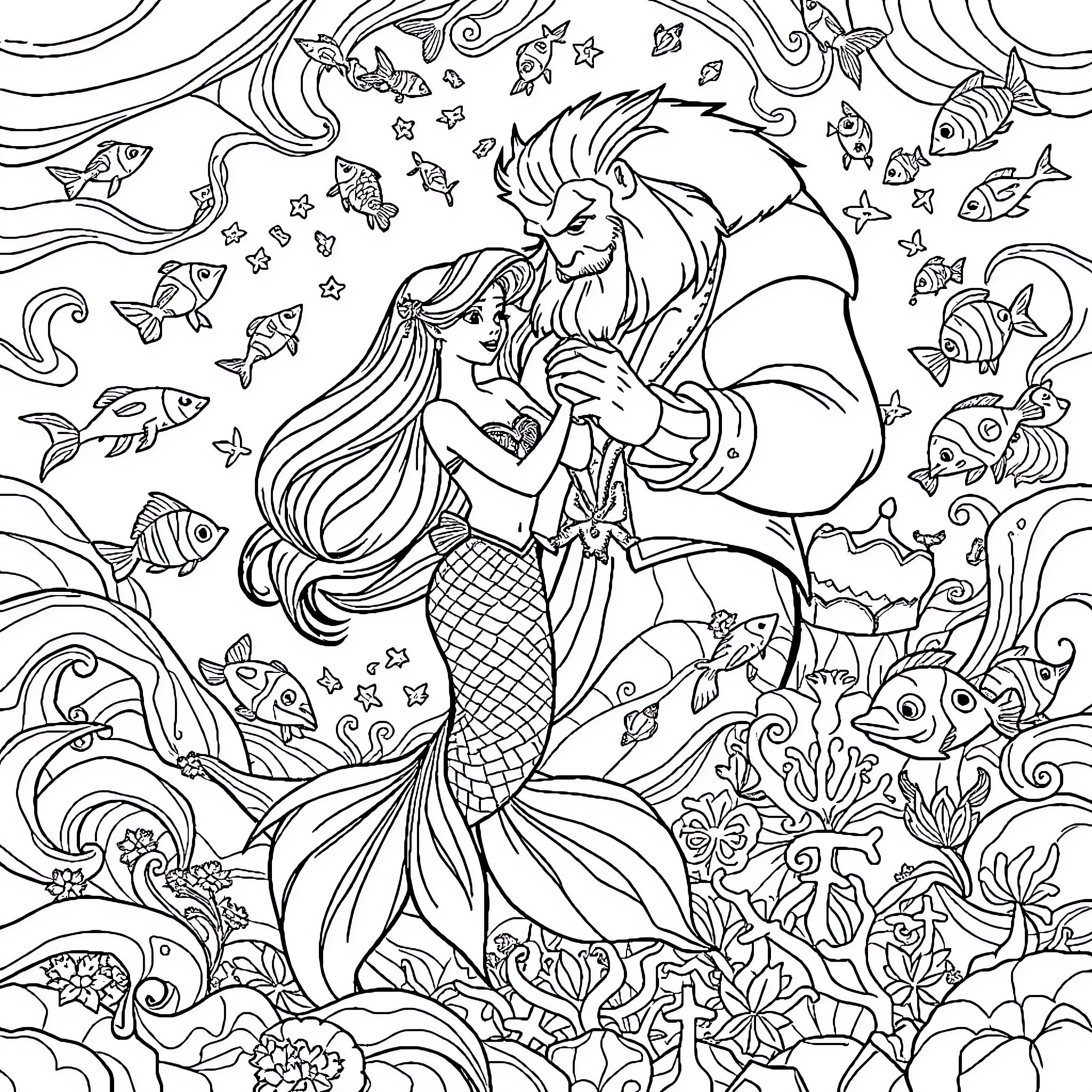 Mermaid embracing a mythical creature in the underwater world Coloring Page (free black-and-white line drawing printable PDF for all, from beginners to advanced learners, including children, teens, adults, and seniors)