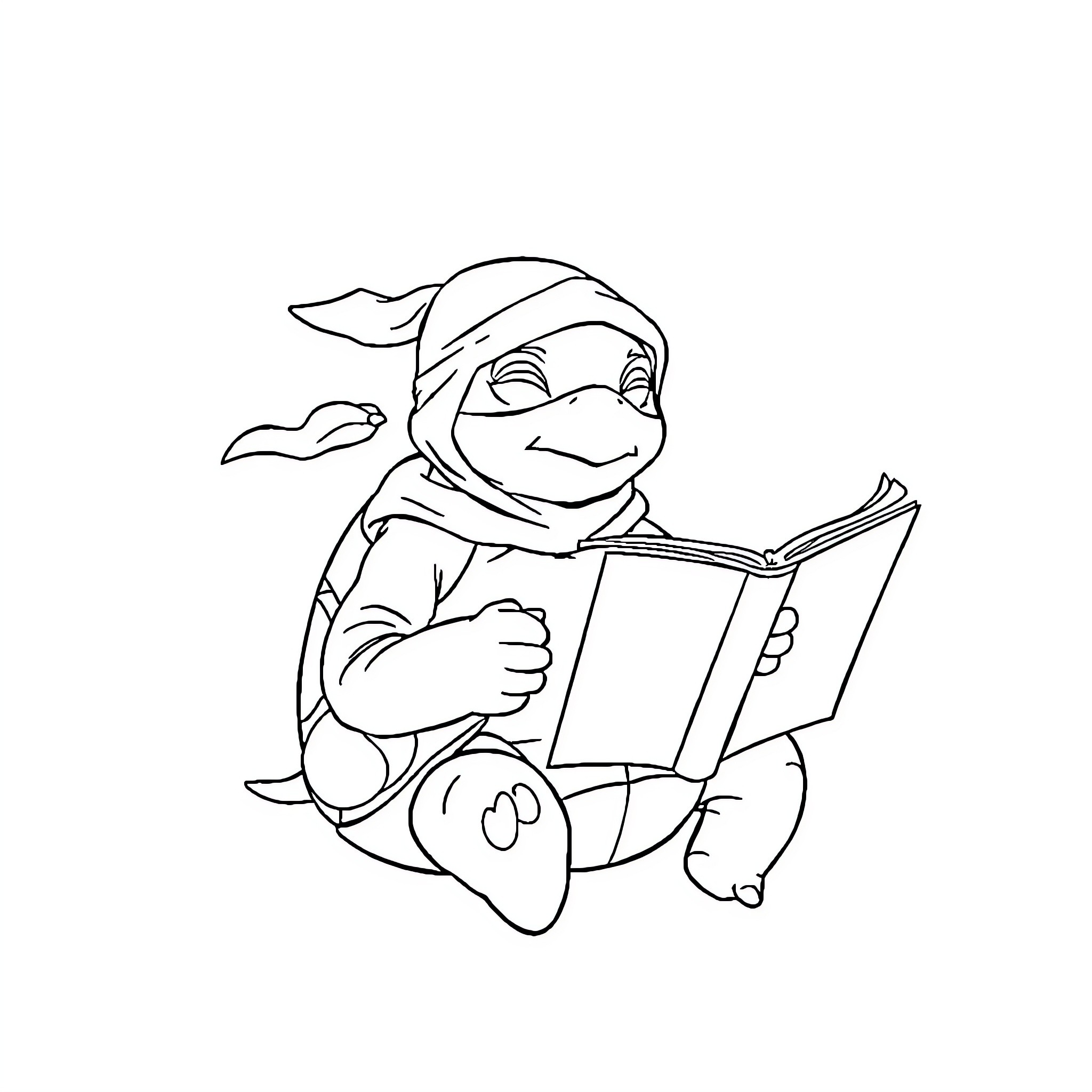 Tortuga reading a book happily Coloring Page (free black-and-white line drawing printable PDF for all, from beginners to advanced learners, including children, teens, adults, and seniors)