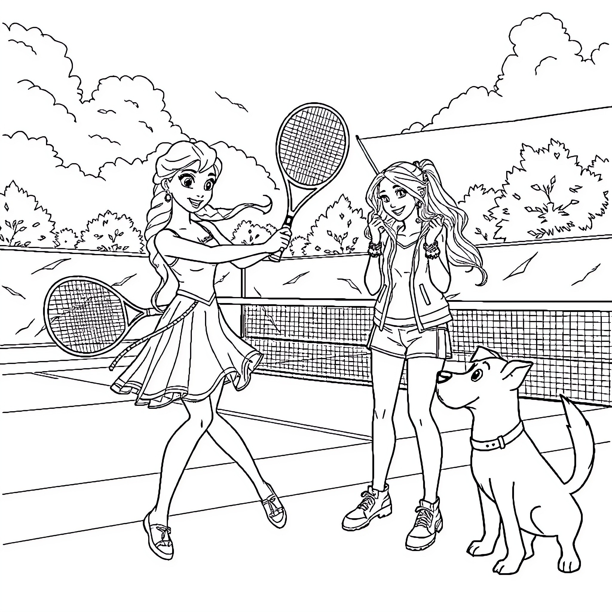 Princess Tennis Match with Pet Coloring Page (free black-and-white line drawing printable PDF for all, from beginners to advanced learners, including children, teens, adults, and seniors)
