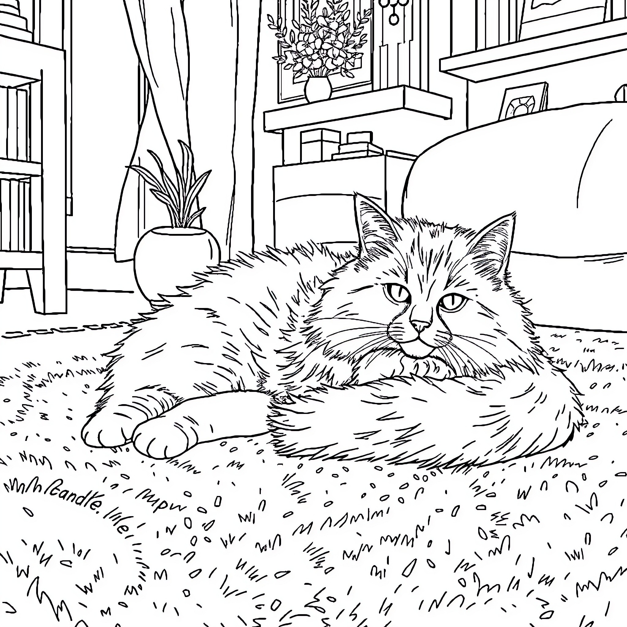 Cat resting peacefully in a cozy indoor setting Coloring Page (free black-and-white line drawing printable PDF for all, from beginners to advanced learners, including children, teens, adults, and seniors)