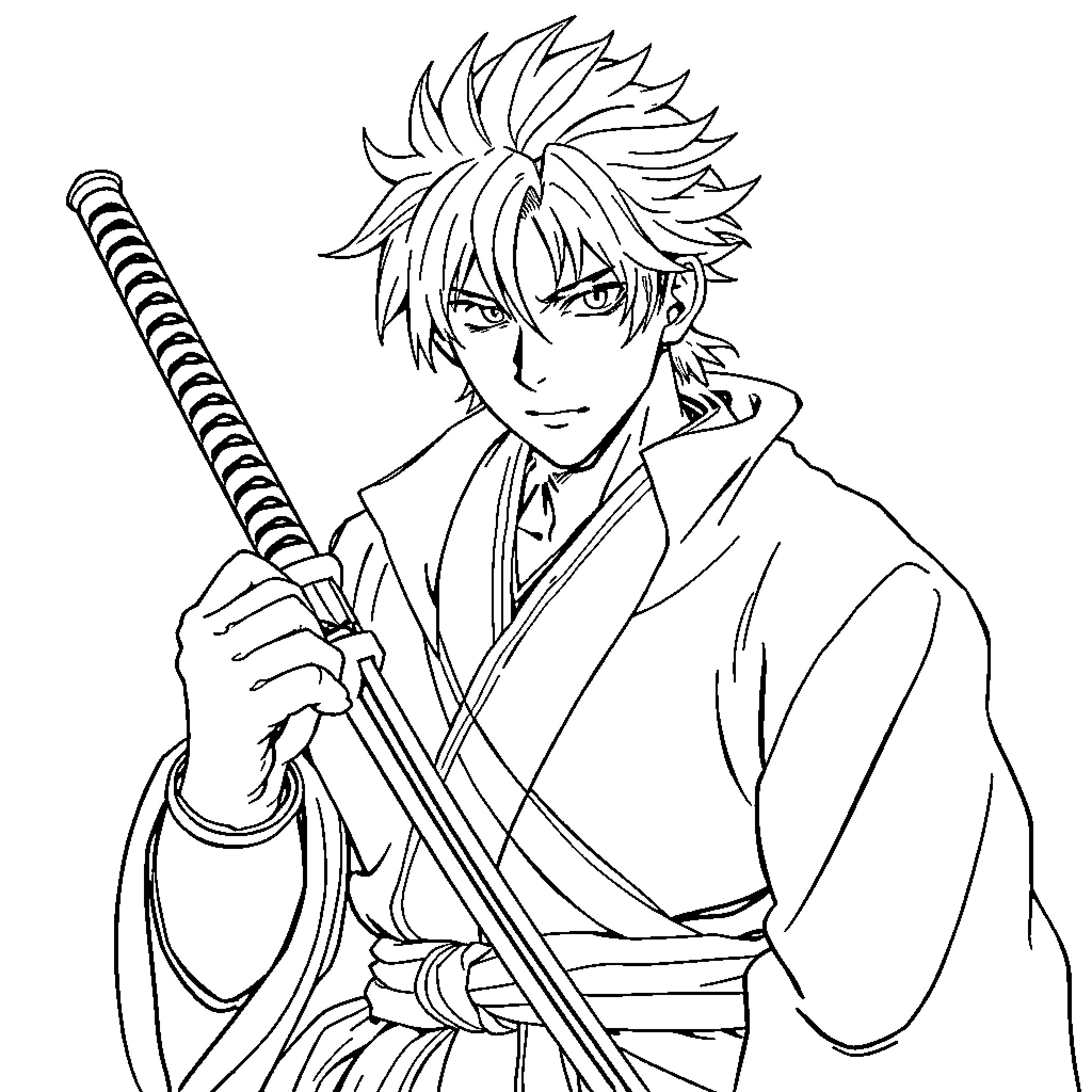 Muichiro Tokito wielding a sword with a determined expression Coloring Page (free black-and-white line drawing printable PDF for all, from beginners to advanced learners, including children, teens, adults, and seniors)