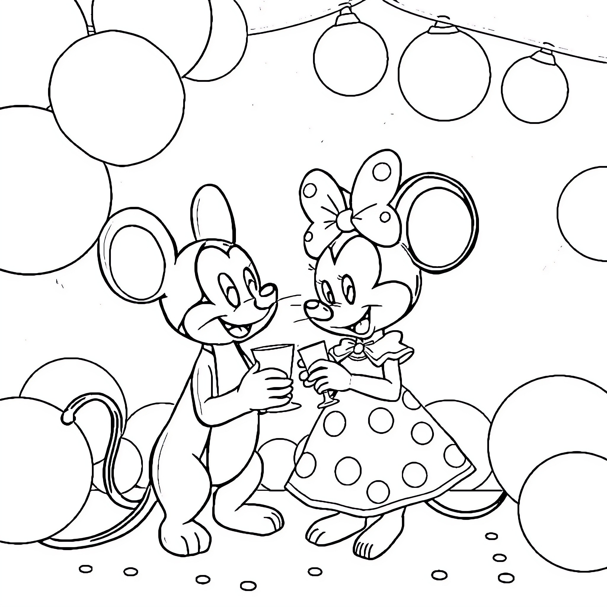 Minnie Mouse and friends celebrate with balloons Coloring Page (free black-and-white line drawing printable PDF for all, from beginners to advanced learners, including children, teens, adults, and seniors)