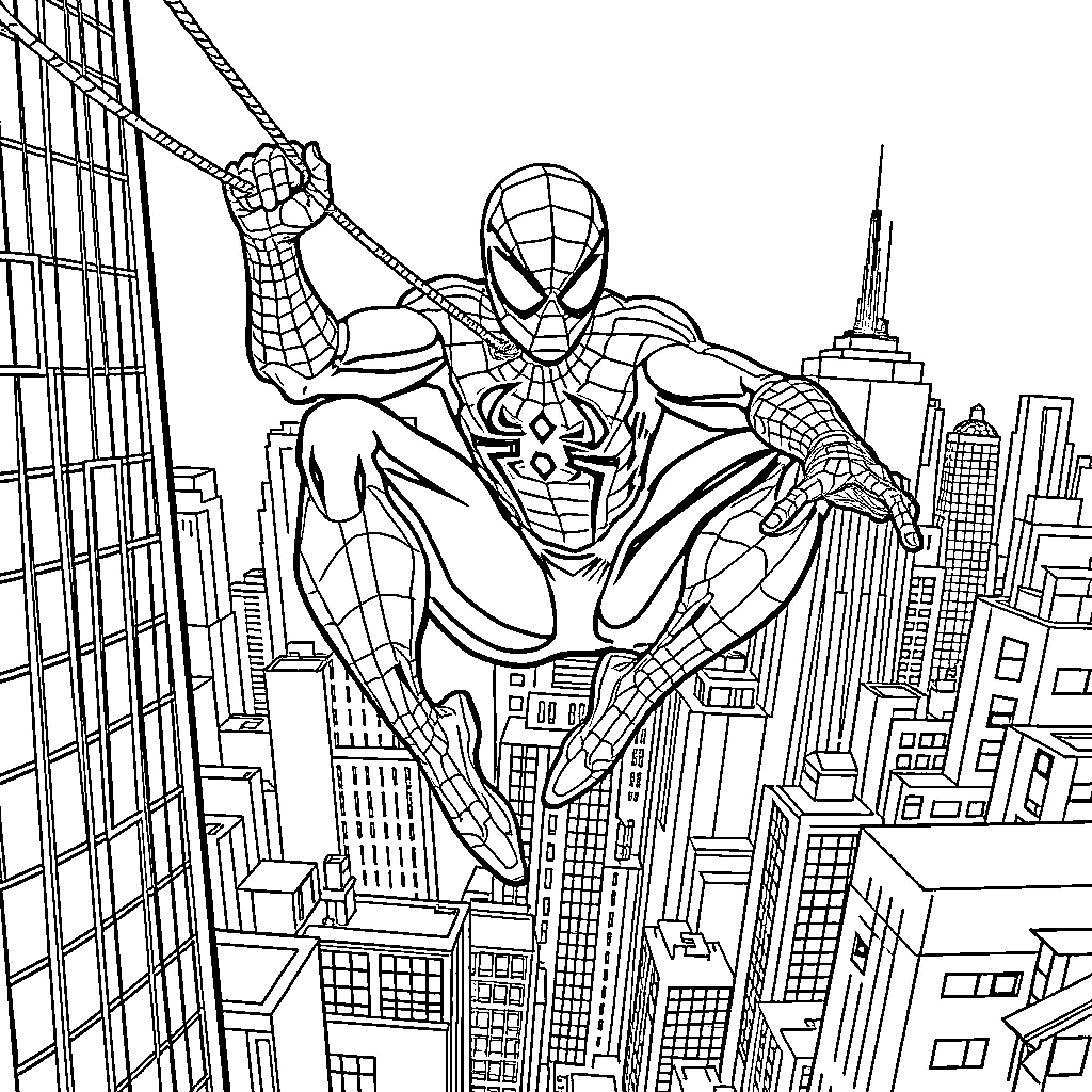 Spiderman swinging through the city skyline Coloring Page (free black-and-white line drawing printable PDF for all, from beginners to advanced learners, including children, teens, adults, and seniors)