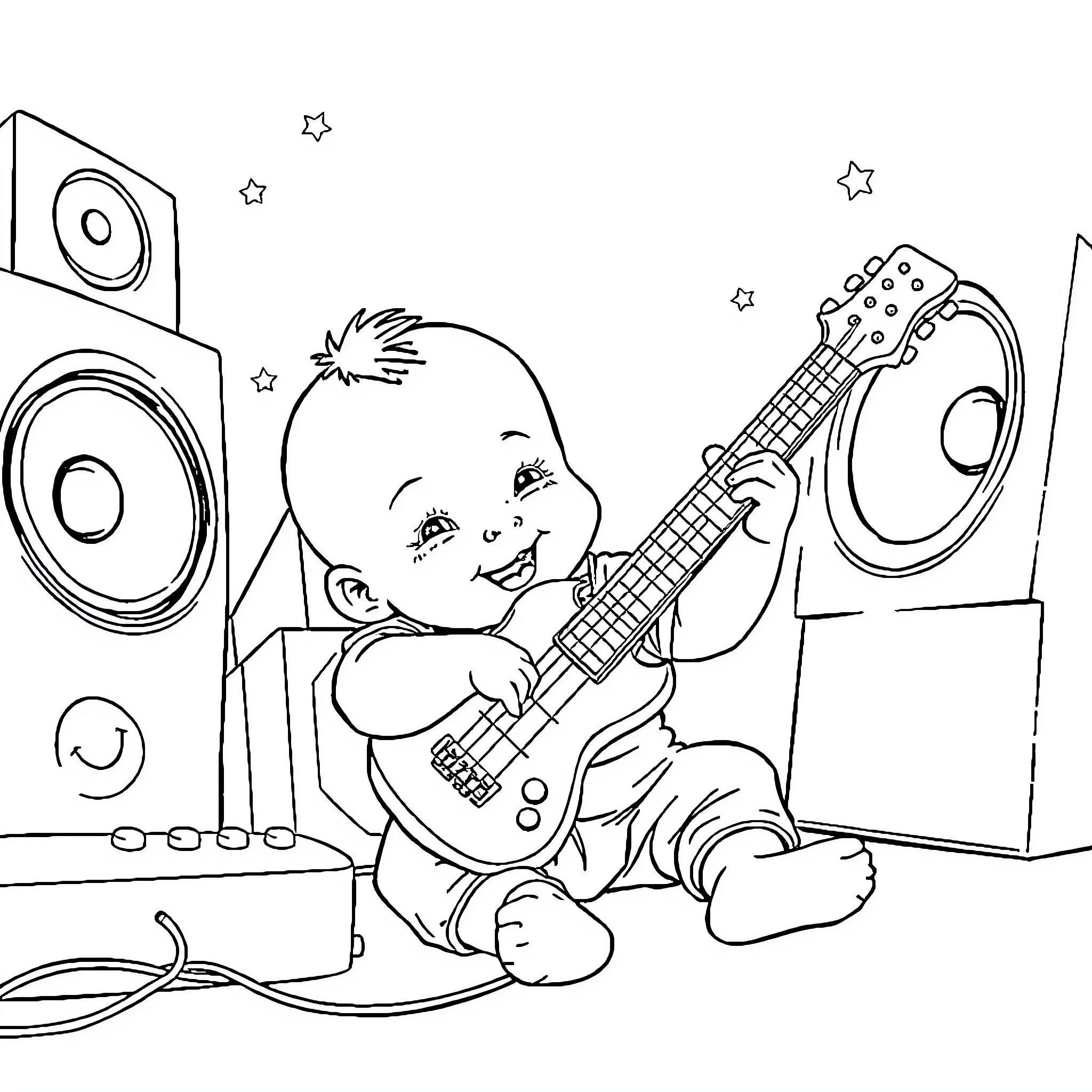 Baby playing with guitar in music studio Coloring Page (free black-and-white line drawing printable PDF for all, from beginners to advanced learners, including children, teens, adults, and seniors)
