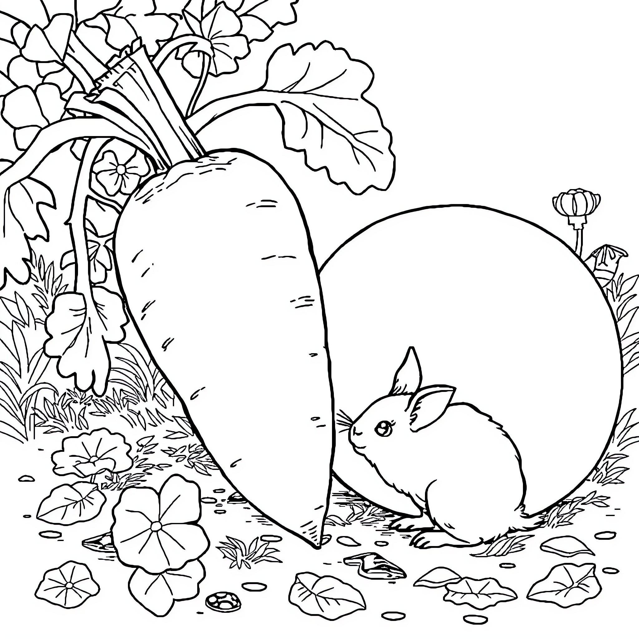Zanahoria: Rabbit and giant carrot in garden landscape Coloring Page (free black-and-white line drawing printable PDF for all, from beginners to advanced learners, including children, teens, adults, and seniors)