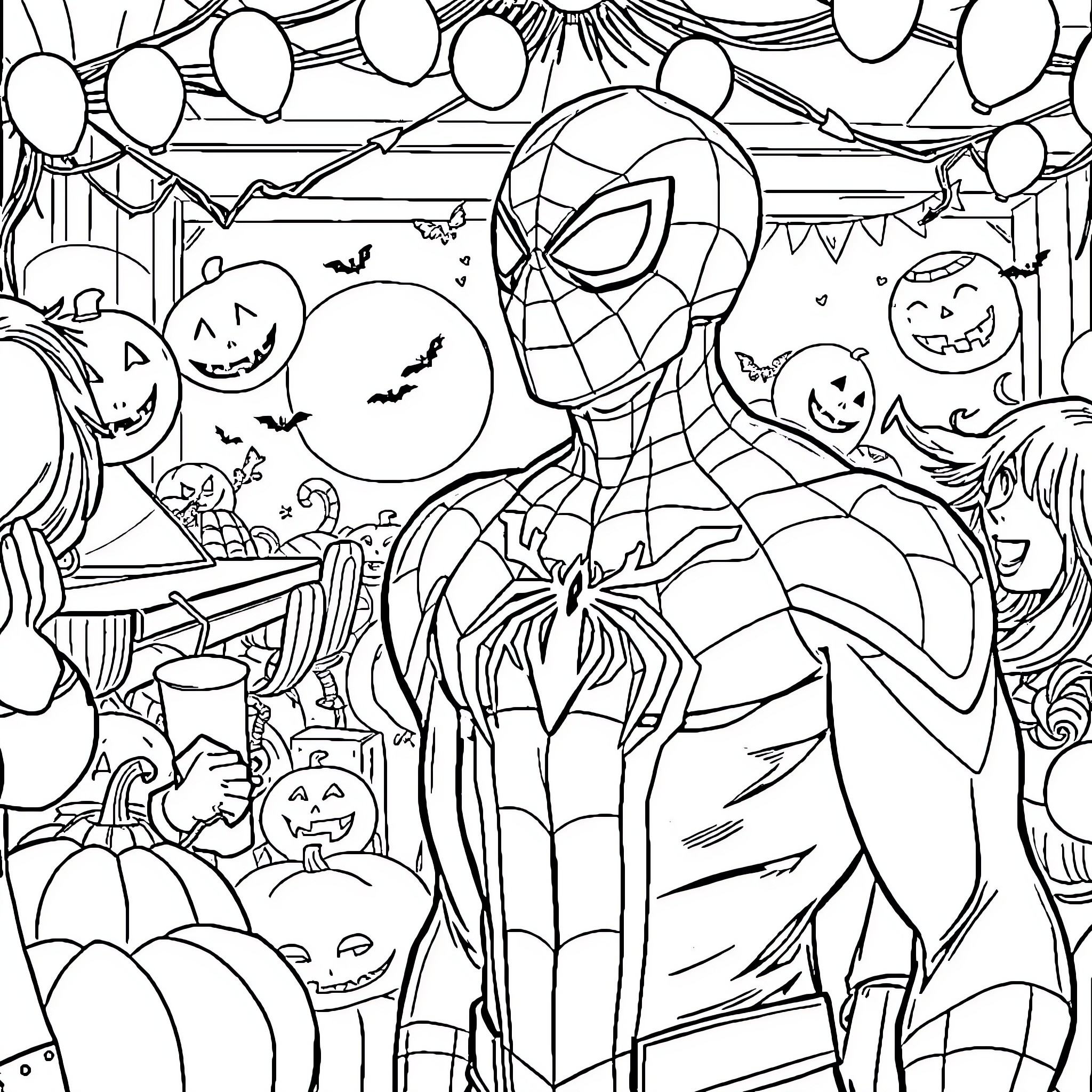Spiderman Celebrates Festive Halloween with Pumpkins and Bats Coloring Page (free black-and-white line drawing printable PDF for all, from beginners to advanced learners, including children, teens, adults, and seniors)