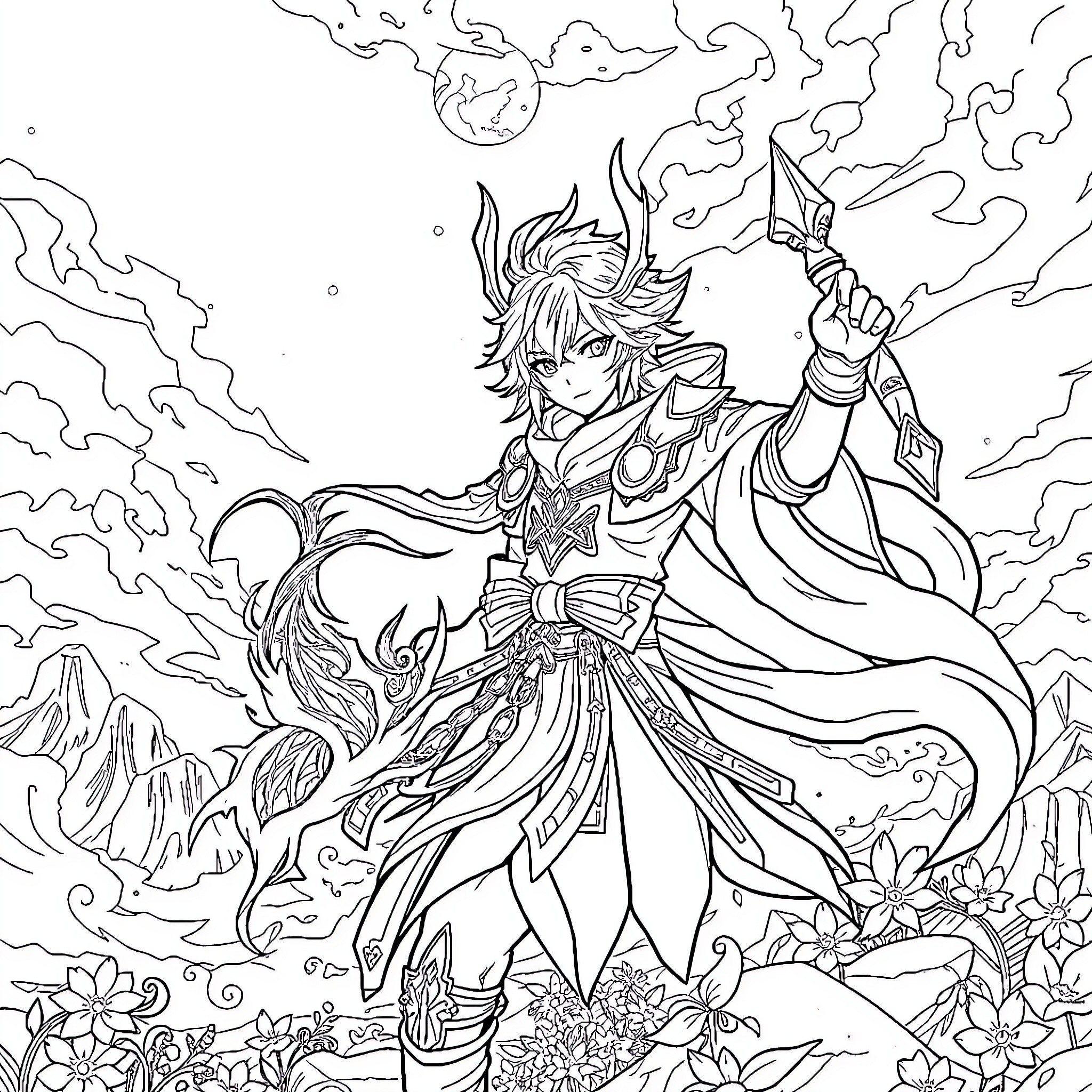 Genshin Impact Character in Fantastical Wilderness Coloring Page (free black-and-white line drawing printable PDF for all, from beginners to advanced learners, including children, teens, adults, and seniors)