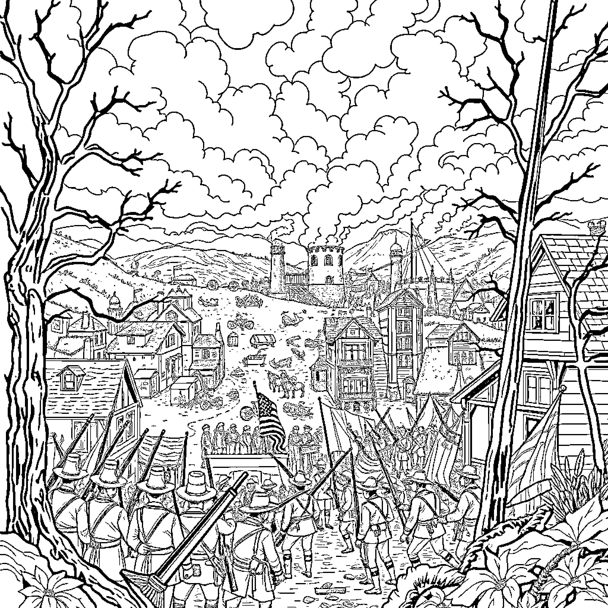 Revolutionary War Soldiers Marching Through Chaotic Battlefield Coloring Page (free black-and-white line drawing printable PDF for all, from beginners to advanced learners, including children, teens, adults, and seniors)