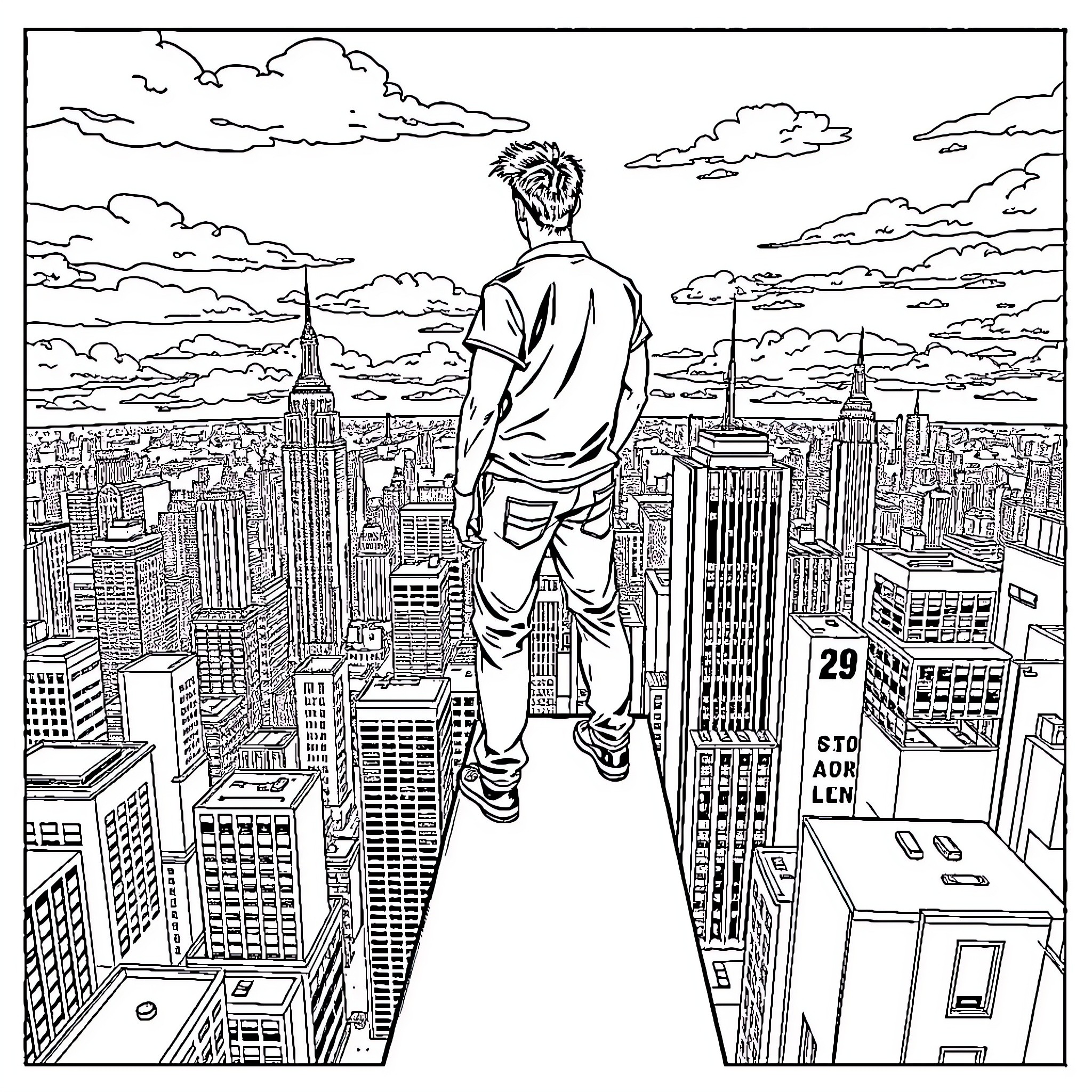 Guy overlooking the city skyline Coloring Page (free black-and-white line drawing printable PDF for all, from beginners to advanced learners, including children, teens, adults, and seniors)
