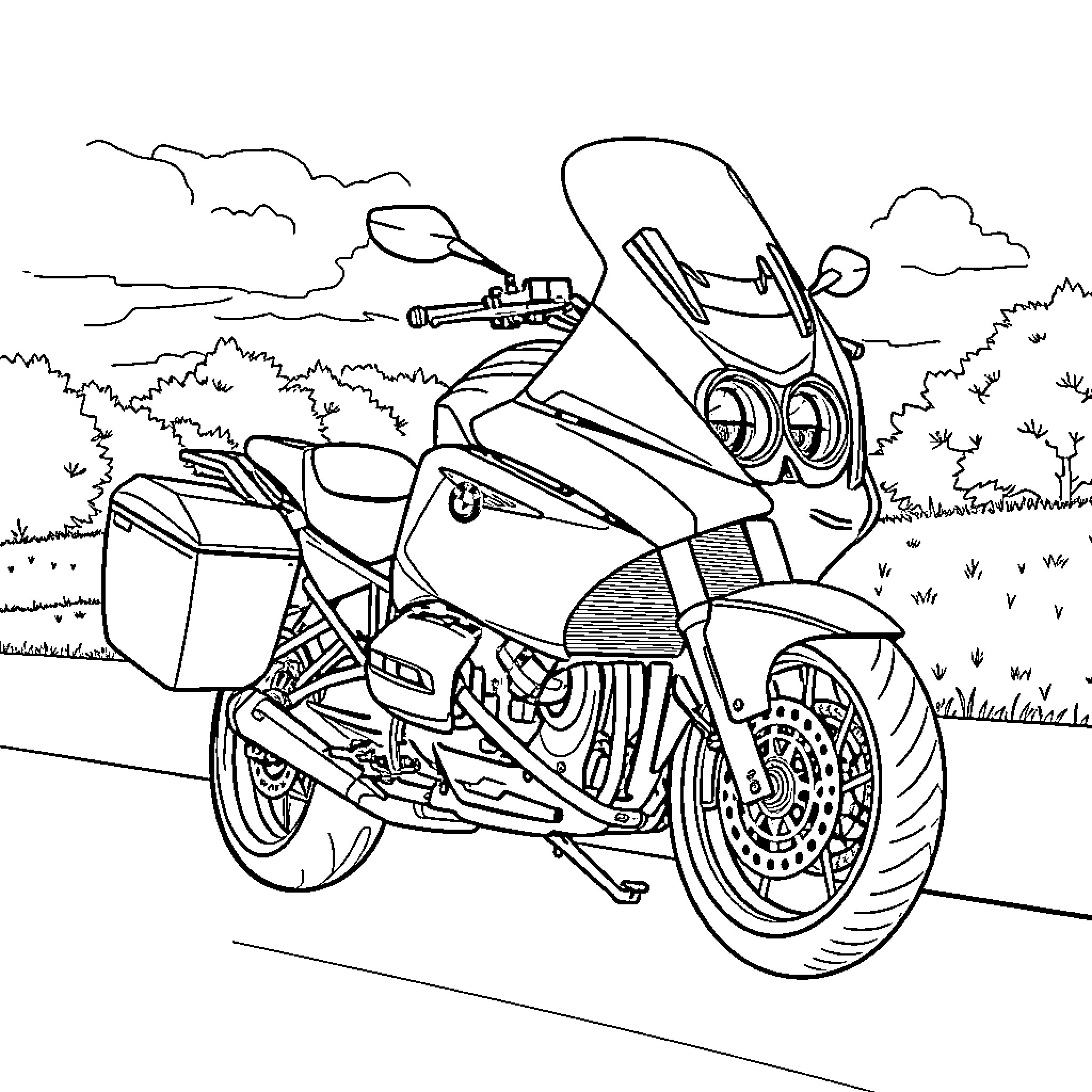 BMW R 1200 RT traveling on a scenic road Coloring Page (free black-and-white line drawing printable PDF for all, from beginners to advanced learners, including children, teens, adults, and seniors)