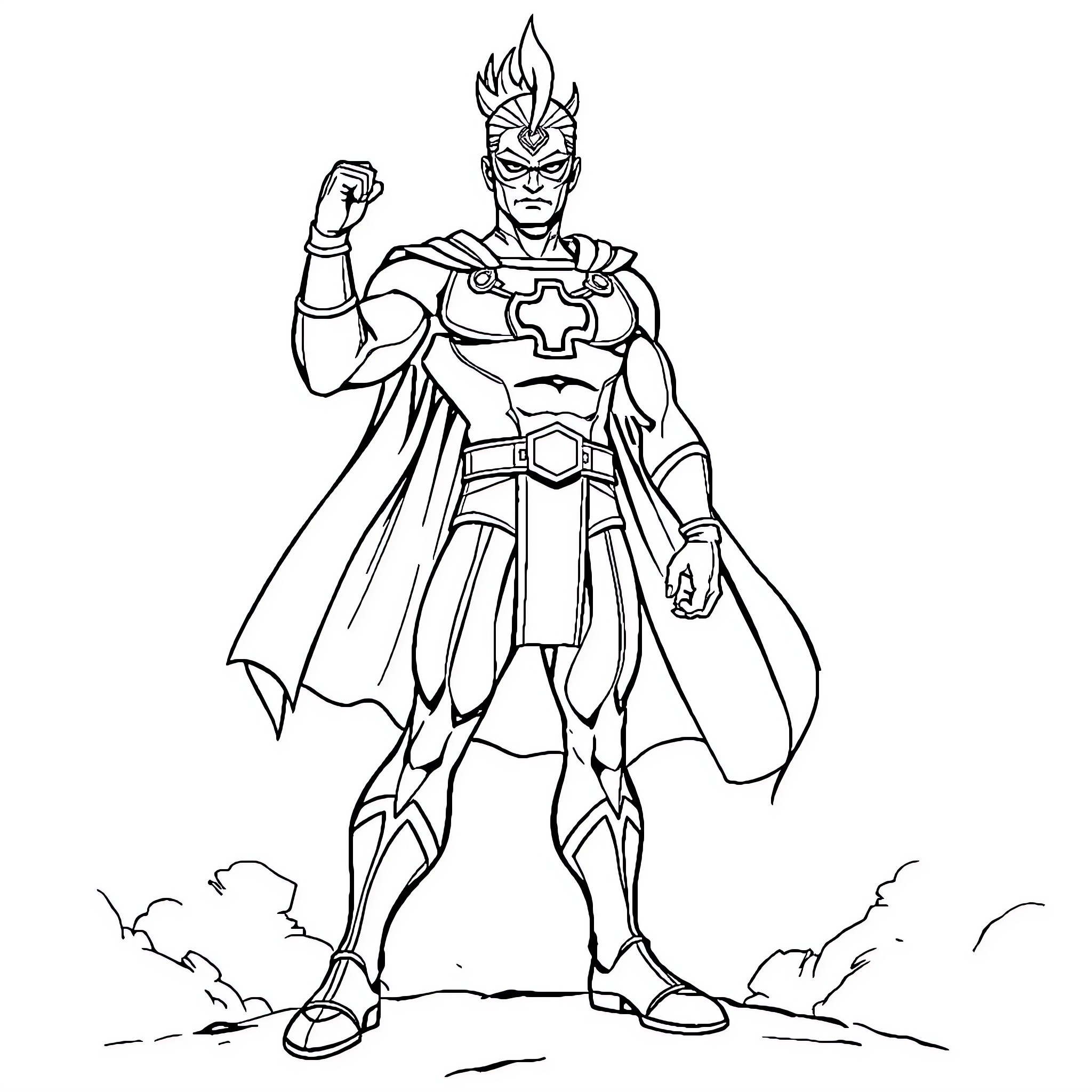 Shaktiman displays heroic pose in action scene Coloring Page (free black-and-white line drawing printable PDF for all, from beginners to advanced learners, including children, teens, adults, and seniors)