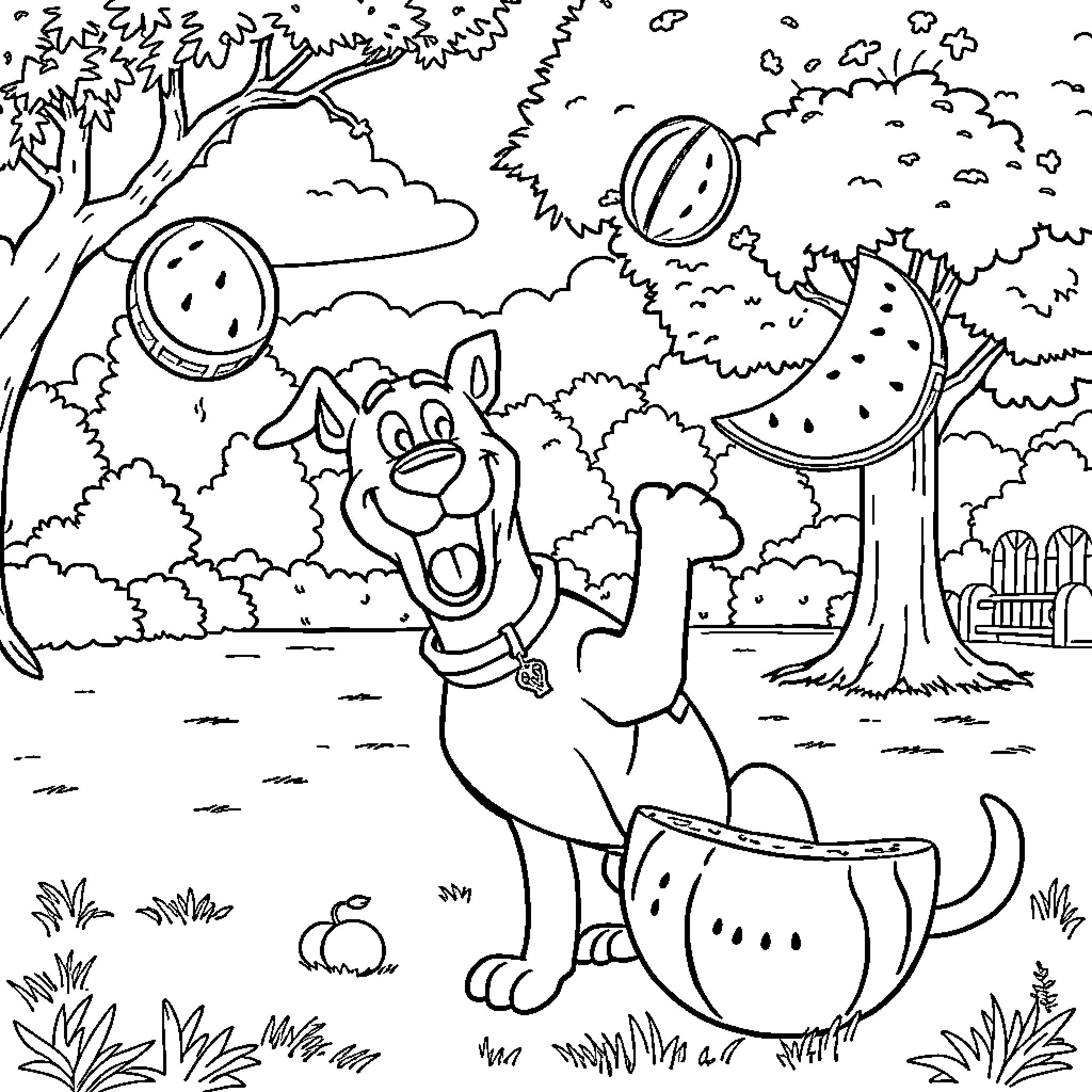 Scooby Doo Playing With Fruit Shapes in the Forest Coloring Page (free black-and-white line drawing printable PDF for all, from beginners to advanced learners, including children, teens, adults, and seniors)