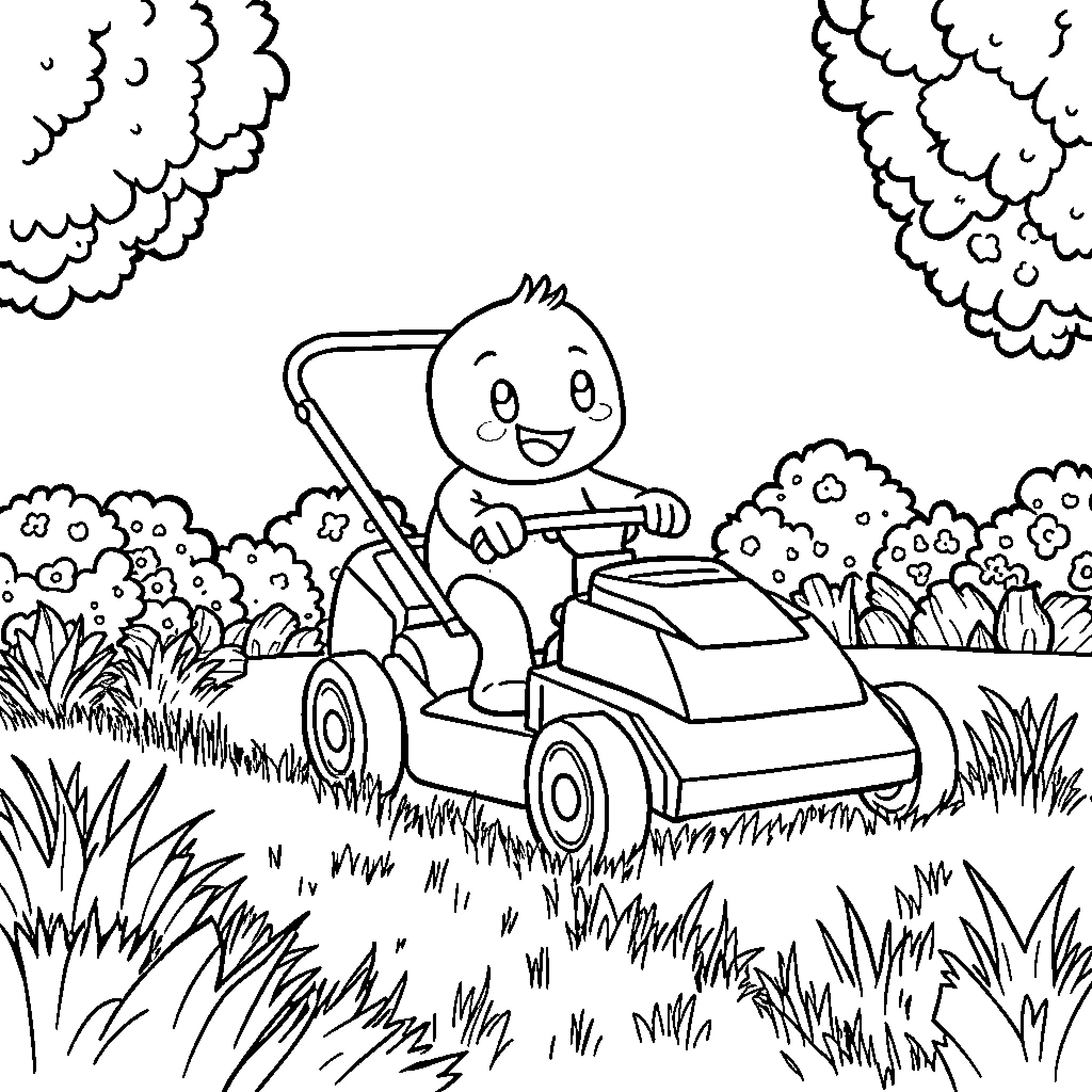 Bluey riding happily in a toy car in the park Coloring Page (free black-and-white line drawing printable PDF for all, from beginners to advanced learners, including children, teens, adults, and seniors)