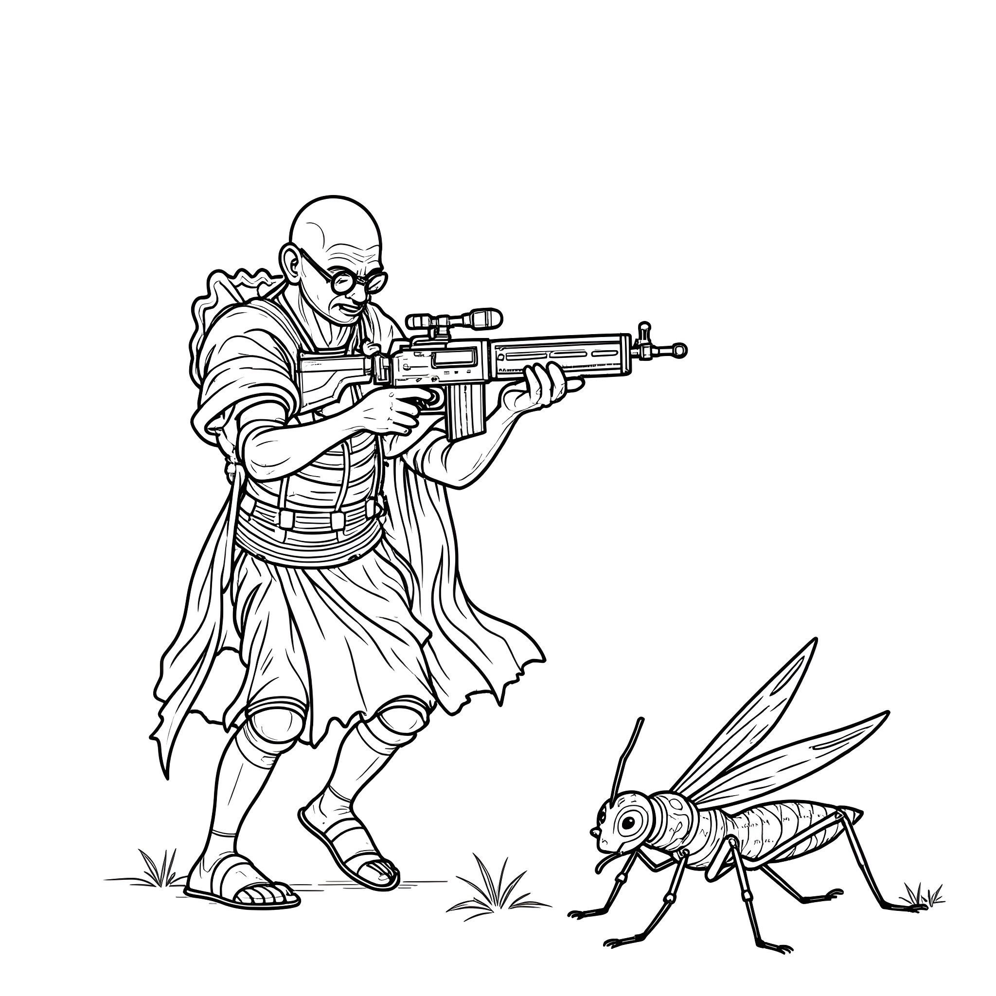 Gandhi Warrior Confronting Giant Insect Coloring Page (free black-and-white line drawing printable PDF for all, from beginners to advanced learners, including children, teens, adults, and seniors)