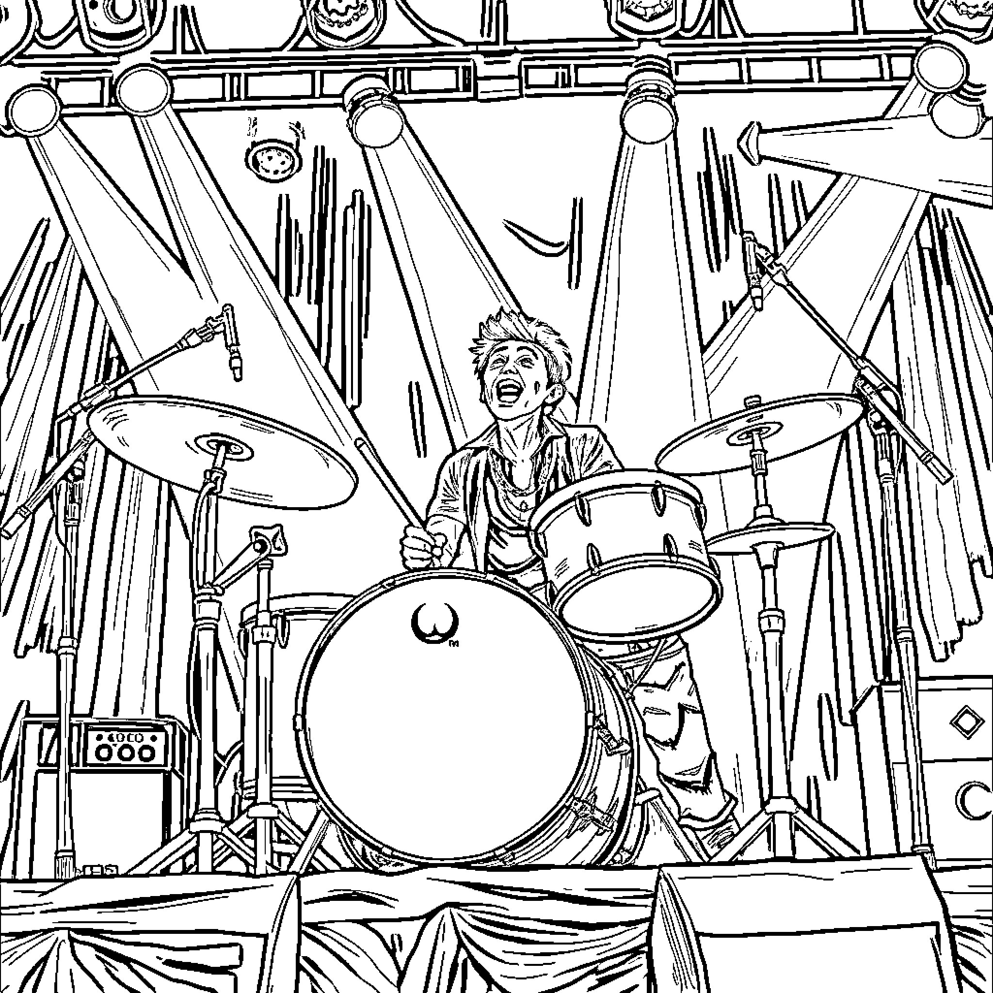 Vee Boonyasak performing energetically on the drums Coloring Page (free black-and-white line drawing printable PDF for all, from beginners to advanced learners, including children, teens, adults, and seniors)